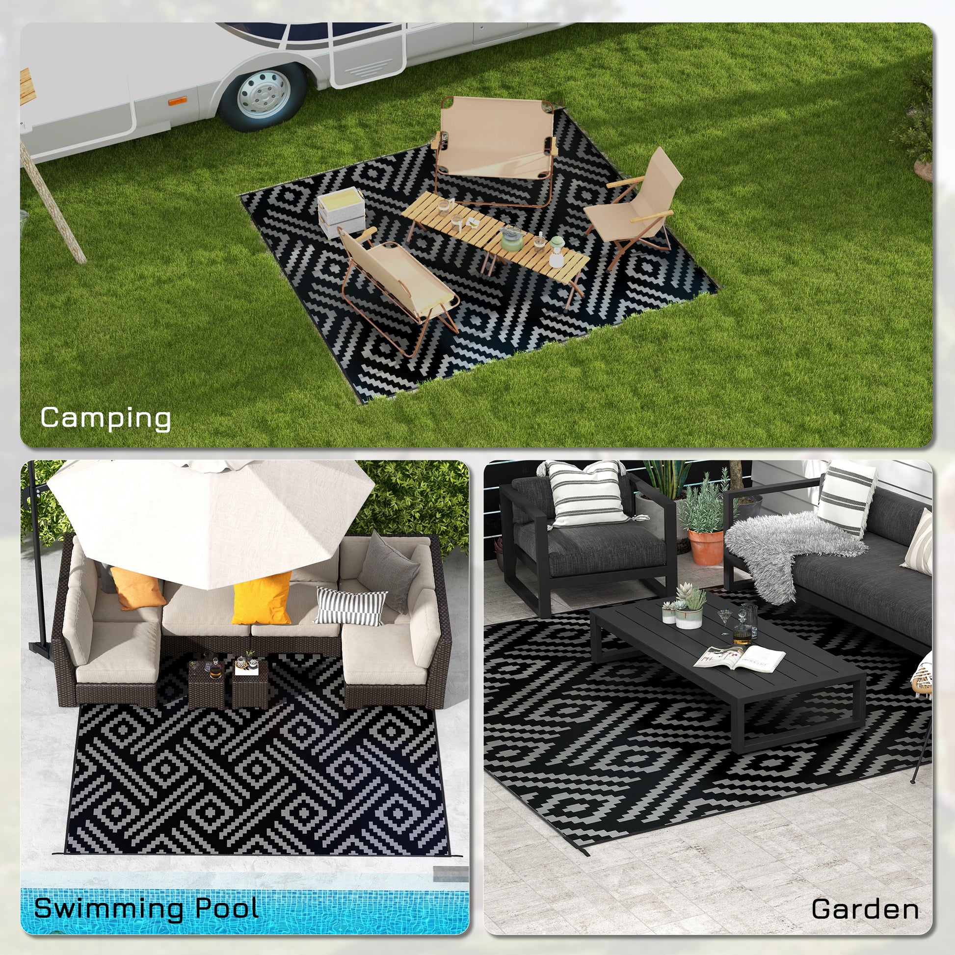 Outsunny Reversible Outdoor Rug, 8' X 10' Waterproof Plastic Straw Floor Mat, Portable Rv Camping Carpet With Carry Bag, Large Floor Mat For Backyard, Deck, Picnic, Beach, Black & Gray Geometric Multicolor Polypropylene