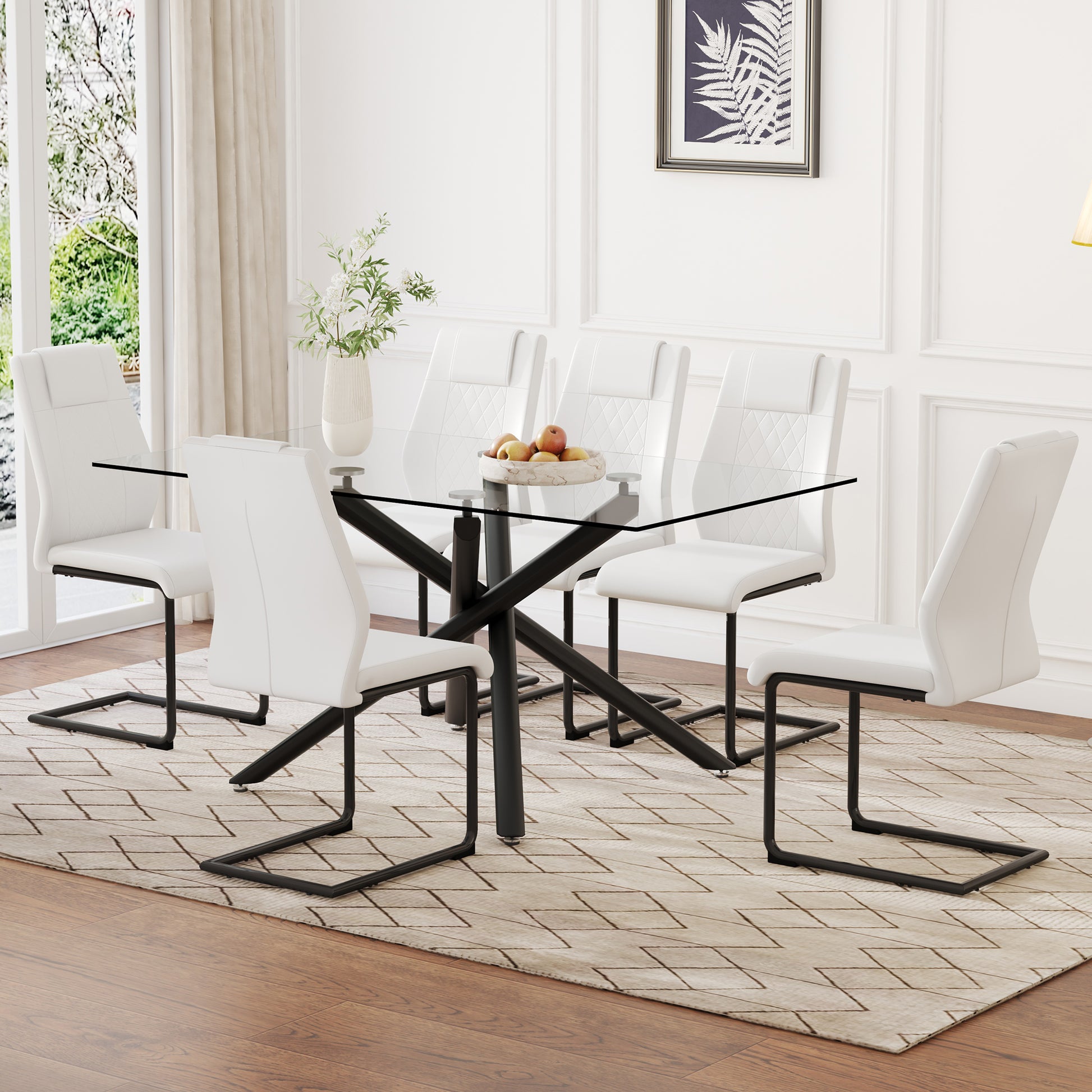 Table And Chair Set.Modern Rectangular Glass Dining Table With 0.39" Tempered Glass Tabletop And Black Metal Legs.Paired With Multiple Chairs Designed With Pu Cushions And Black Metal Legs. White Black Seats 6 Tempered Glass