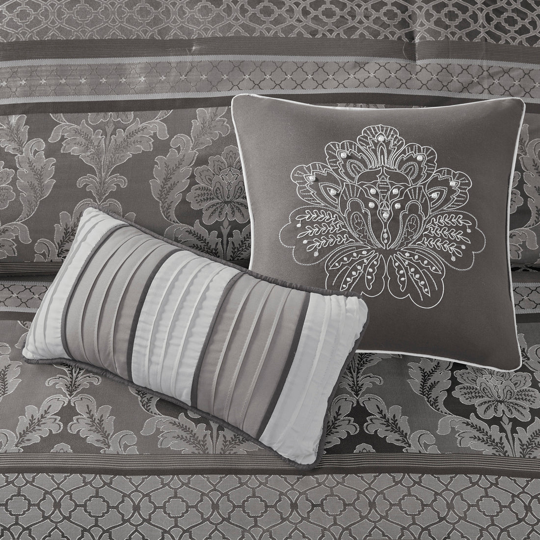7 Piece Jacquard Comforter Set Grey Queen Queen Grey Polyester