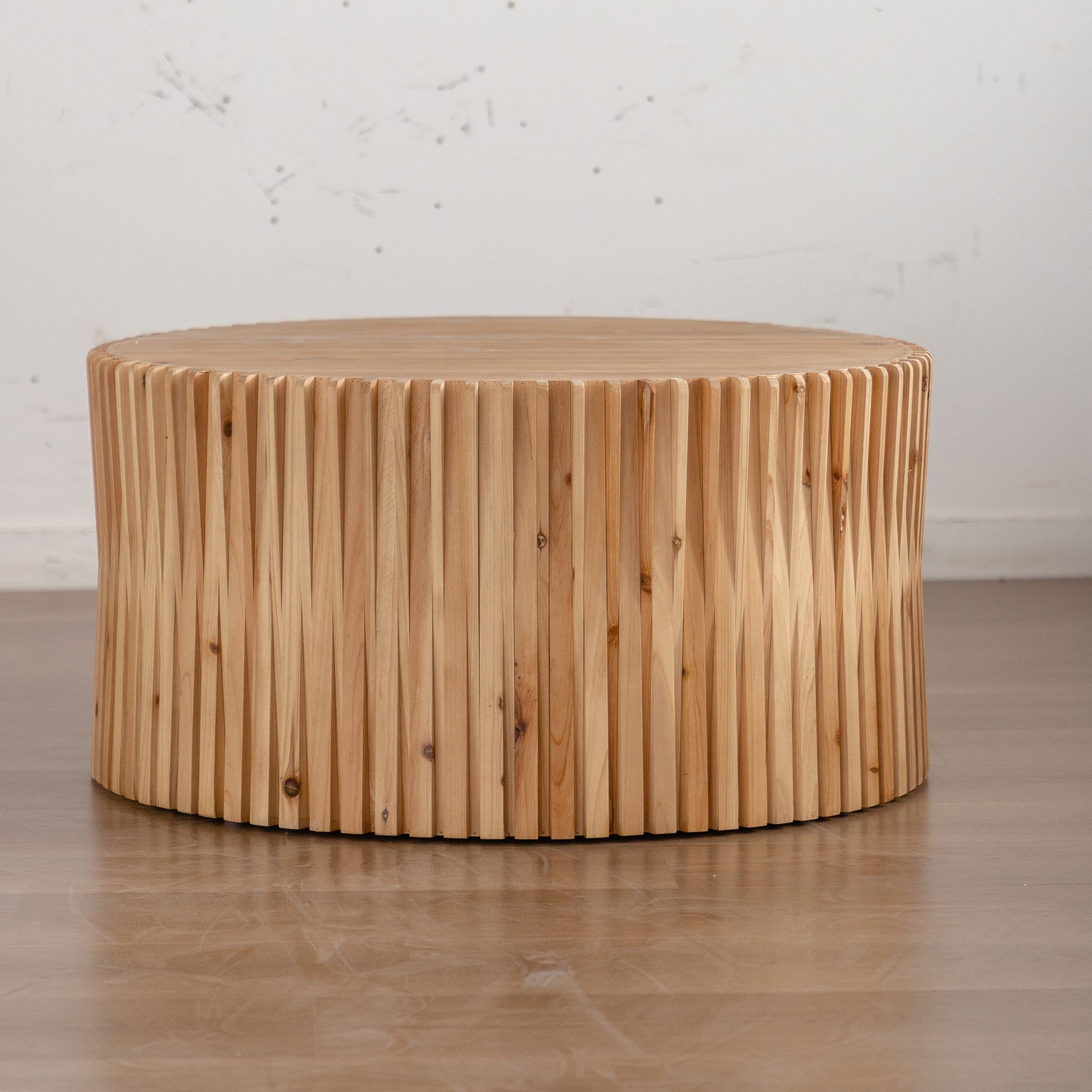 31.5" Retro Fashion Style Cylindrical Coffee Table With Vertical Texture Relief Design,Suitable For Living Room,Office,And Dining Room Natural Fir Wood