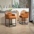 Coolmore Counter Height Bar Stools Set Of 2, Modern Barrel Bar Stool With Backrest And Arms, Black Metal Frames, Upholstered Bar Stools For Kitchen Island, Pub, Club Light Brown Foam Pu Leather