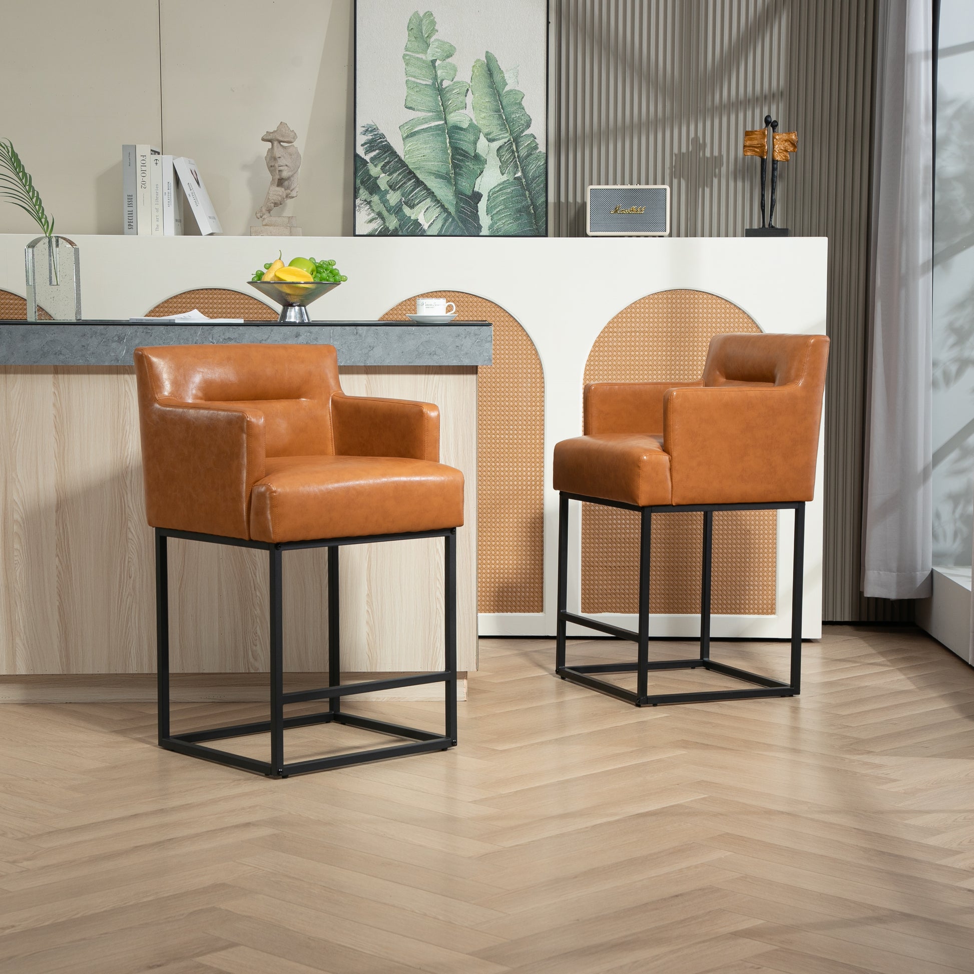 Coolmore Counter Height Bar Stools Set Of 2, Modern Barrel Bar Stool With Backrest And Arms, Black Metal Frames, Upholstered Bar Stools For Kitchen Island, Pub, Club Light Brown Foam Pu Leather