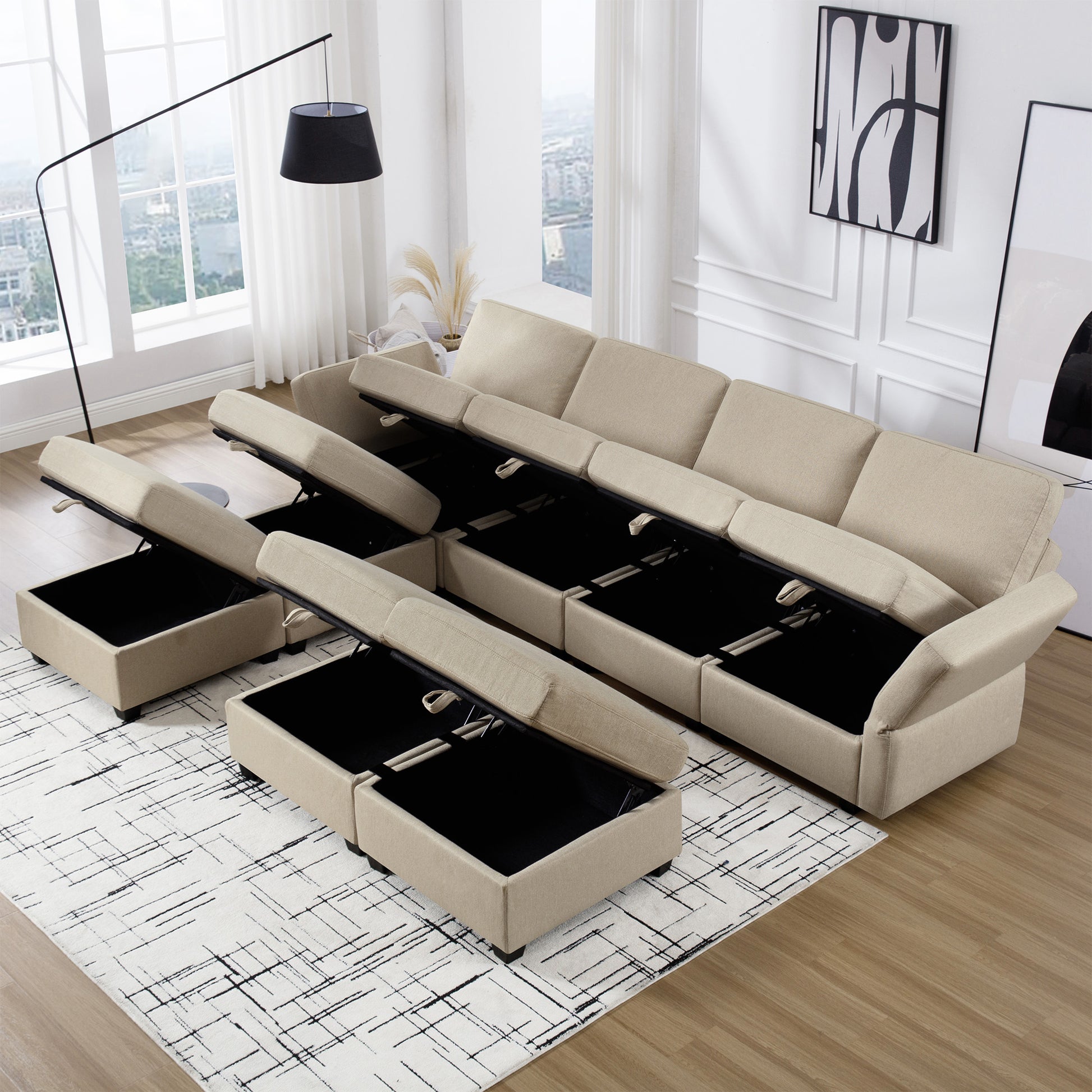Adjustable Arms And Backs Sectional Sofa, Modern Sectional Couch U Shaped Sofa Couch With Storage Ottoman, Sofa With Convertible Chaise Beige Beige Polyester 4 Seat