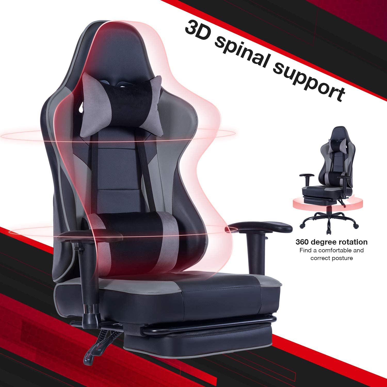 Game Chair, Ergonomiy Designed Computer Chair With Headrest And 2D Armrests, Waist Pillow Electronic Lounge Chair With Vibration Massage Function, Competitive Chair Iron Grey Cotton Leather