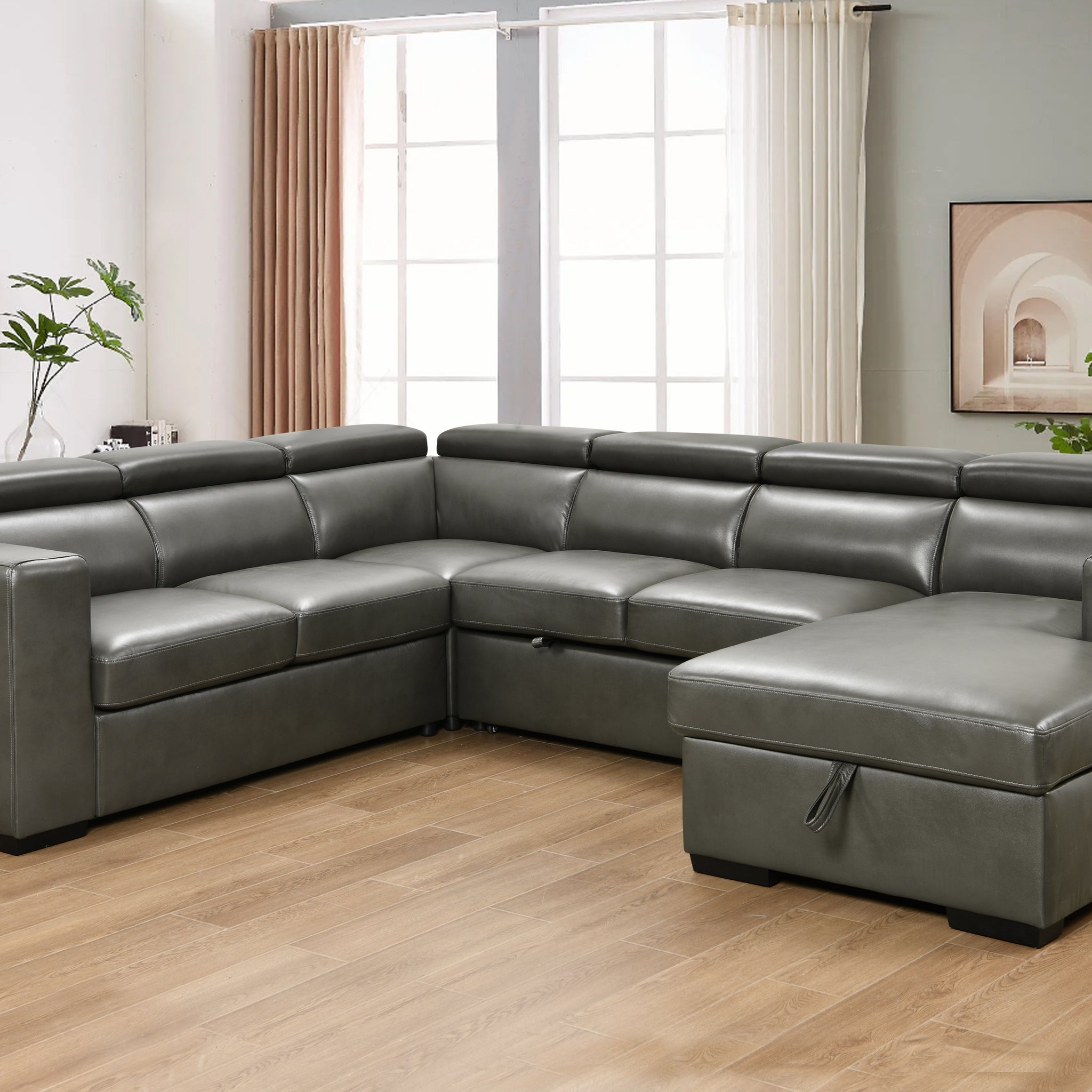 123" Modern U Shaped 7 Seat Sectional Sofa Couch With Adjustable Headrest, Sofa Bed With Storage Chaise Pull Out Couch Bed For Living Room ,Gray Light Brown Wood Primary Living Space Heavy Duty Eucalyptus 7 Seat Gray Faux Leather Soft Cushion Back Modern