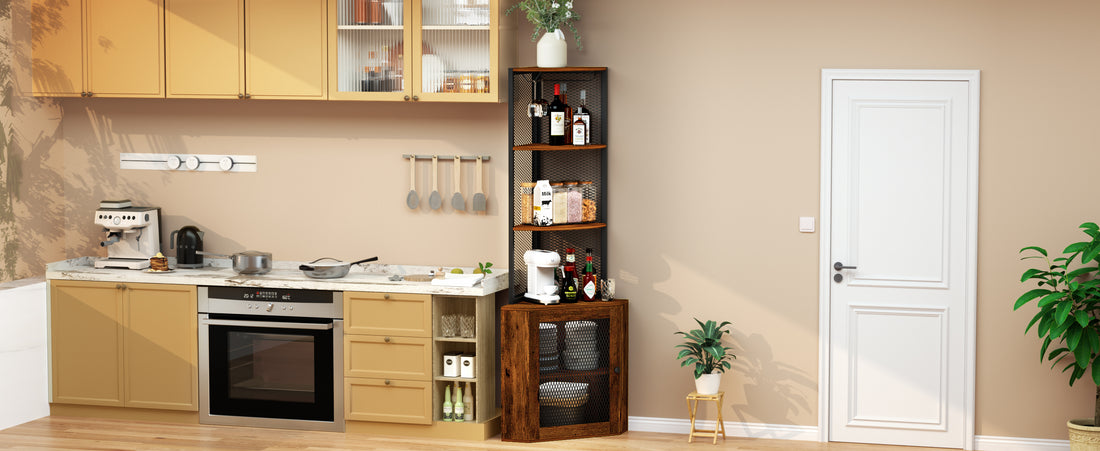 Corner Shelf With Doors, 65" Corner Cabinet With Shelves & Wine Glass Rack, 6 Tier Bookshelf Display Corner Shelves, Freestanding Corner Storage Stand For Kitchen, Living Room, Balcony Rustic Brown