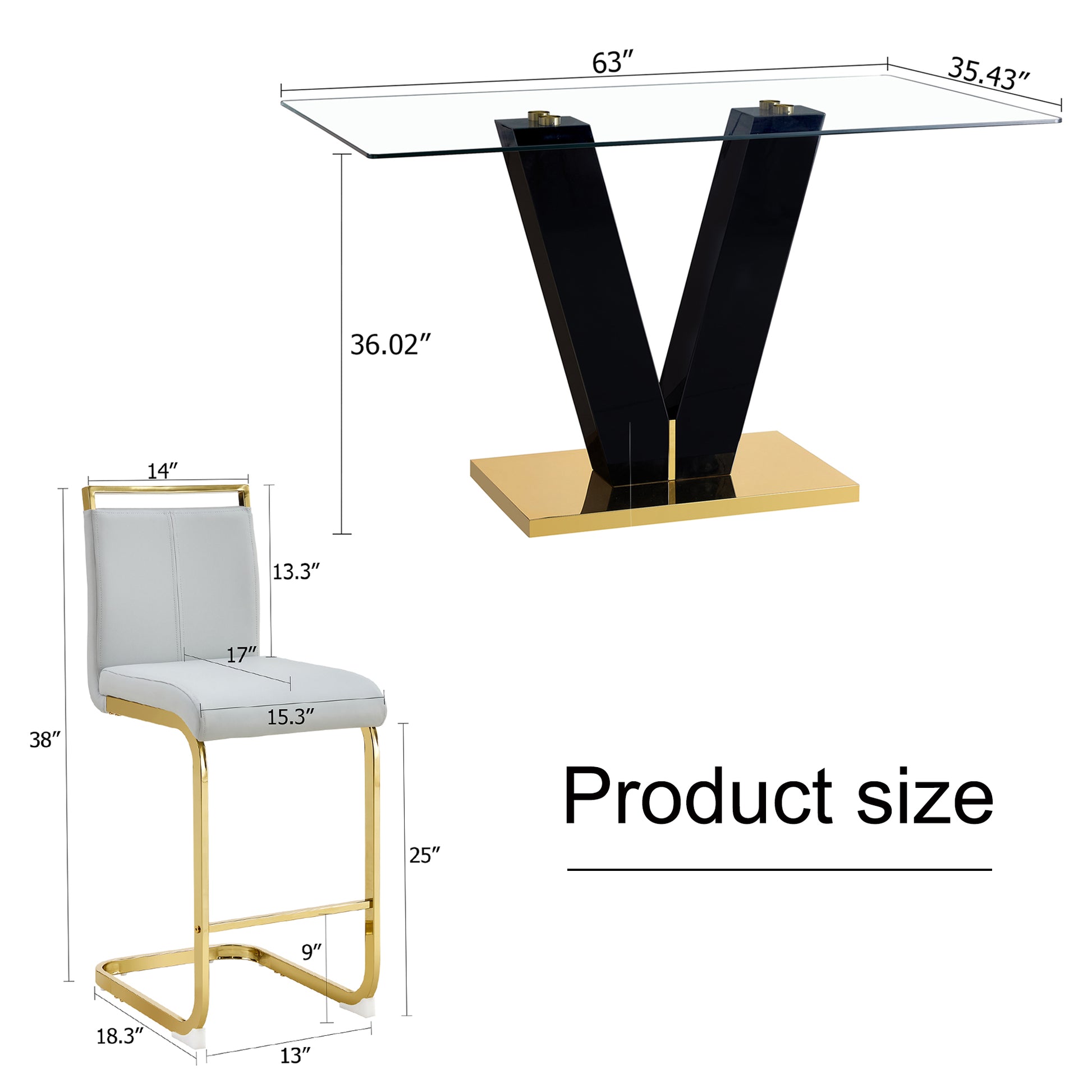 Table And Chair Set,Clear Tempered Glass And Black Legs Of The Table, Pu And Gold Legs Of The Chair Black Grey Seats 4 Tempered Glass