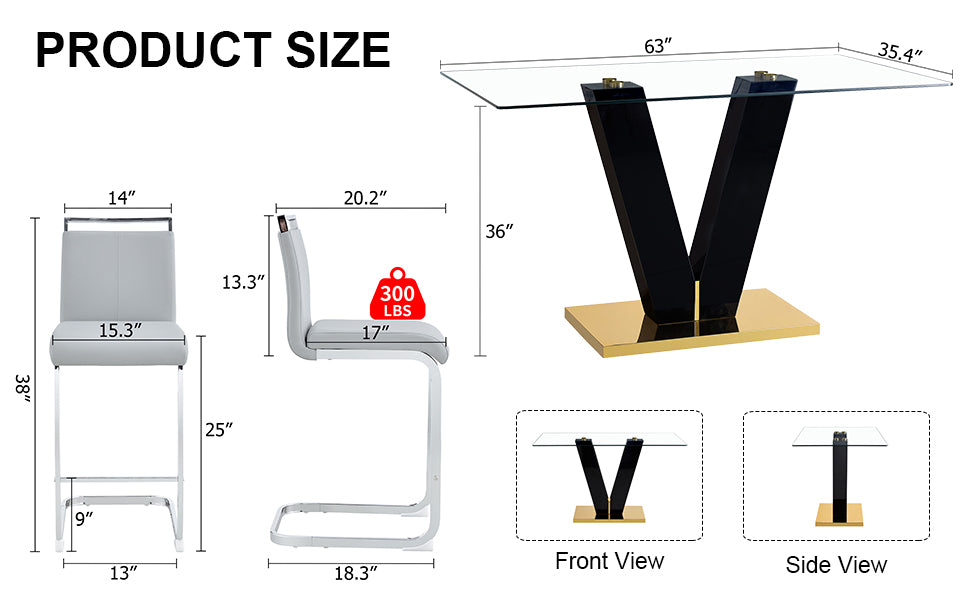 Table And Chair Set. A Rectangular Glass Dining Table With A 0.4 Inch Tempered Glass Tabletop And Mdf Board V Shaped Bracket, Paired With 2 Chairs Consisting Of Pu Seat Cushions And Silver Metal Legs. Black Gray Seats 2 Tempered Glass