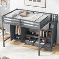Full Size Loft Bed Frame With Wardrobe,Low Storage Table And Storage Staircase,Gray Gray Solid Wood Mdf