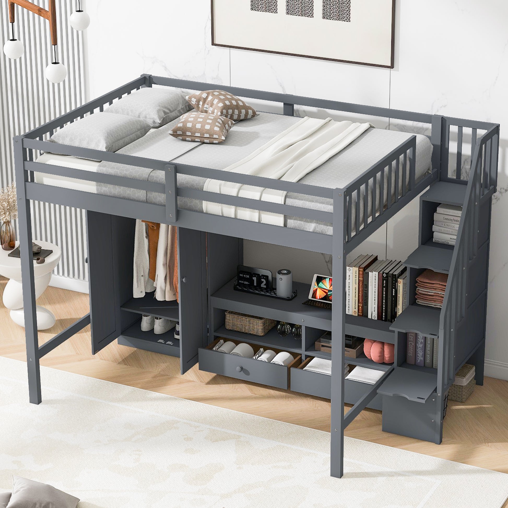 Full Size Loft Bed Frame With Wardrobe,Low Storage Table And Storage Staircase,Gray Gray Solid Wood Mdf