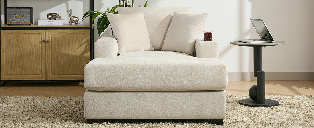 43.5" Oversized Chaise Lounger Modern Style Sofa Couch ,With Pillows, Charge Station & Cup Holders, Chenille Fabric, Cream Cream Chenille