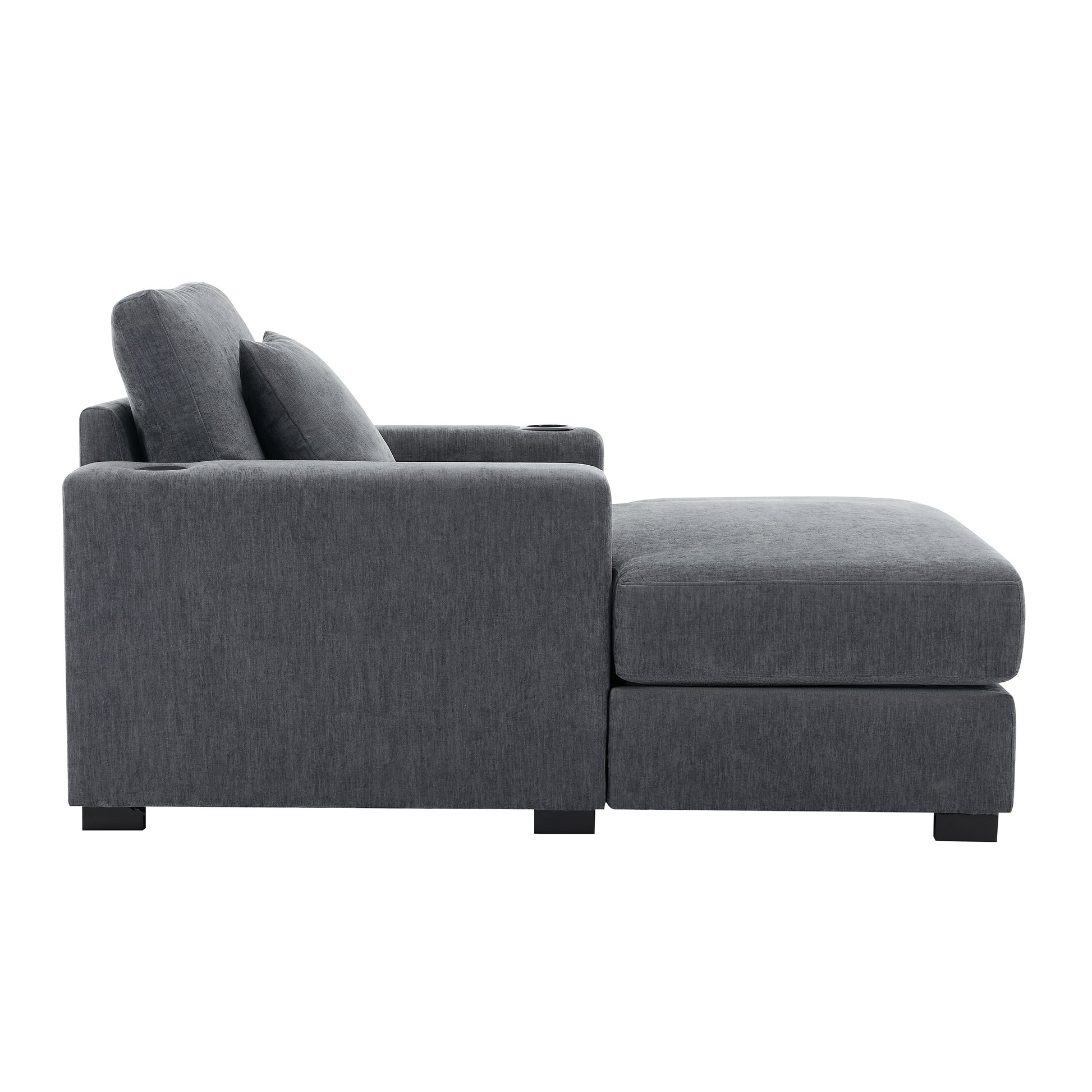 39.7" Oversized Chaise Lounger Modern Style Sofa Couch ,With Pillows, Charge Station & Cup Holders, Chenille Fabric, Blue Gray Blue Gray Chenille