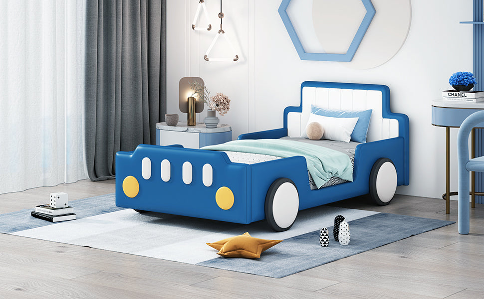 Twin Size Race Car Shaped Platform Bed With Wheels,Blue Twin Blue Pu Leather