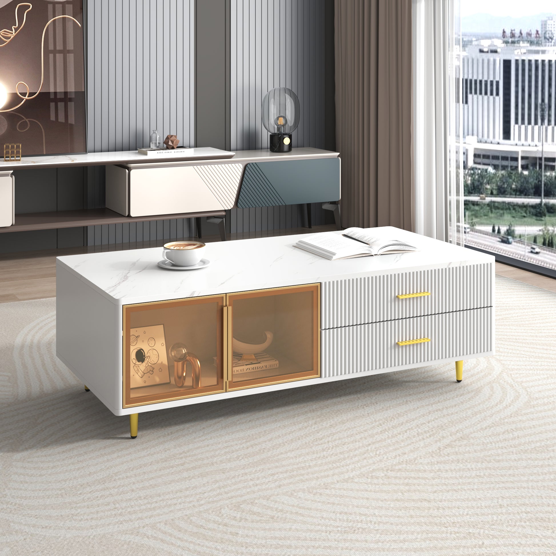 Modern White Coffee Table With 2 Glass Door Storage, 4 Drawers, Gold Metal Legs, And Multi Color Lighting In 47.2'' White Drawers Mdf