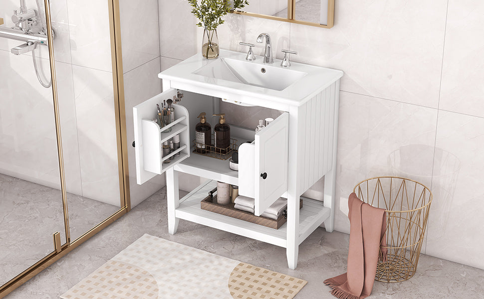 30" White Modern Sleek Bathroom Vanity Elegant Ceramic Sink With Solid Wood Frame Open Style Shelf & Door Shelf Design White Solid Wood