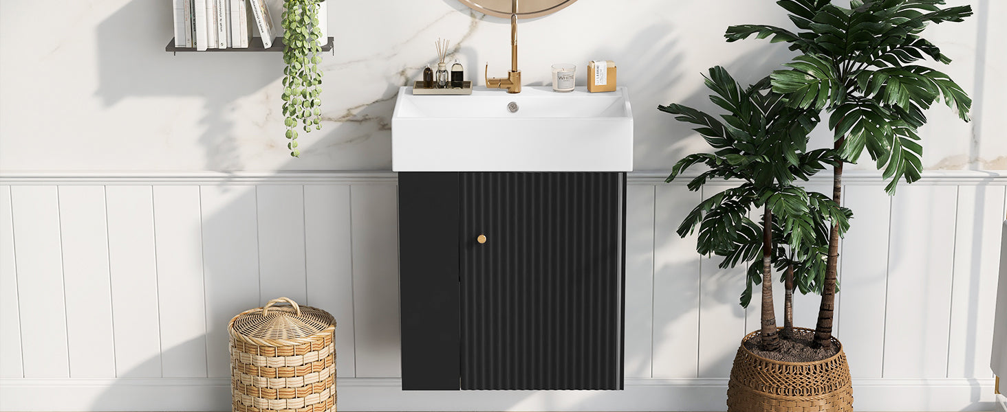 Video 21.6 Inch Modern Floating Bathroom Vanity With Ceramic Basin Perfect For Small Bathrooms, Left Side Storage Black Bathroom Ceramic Mdf