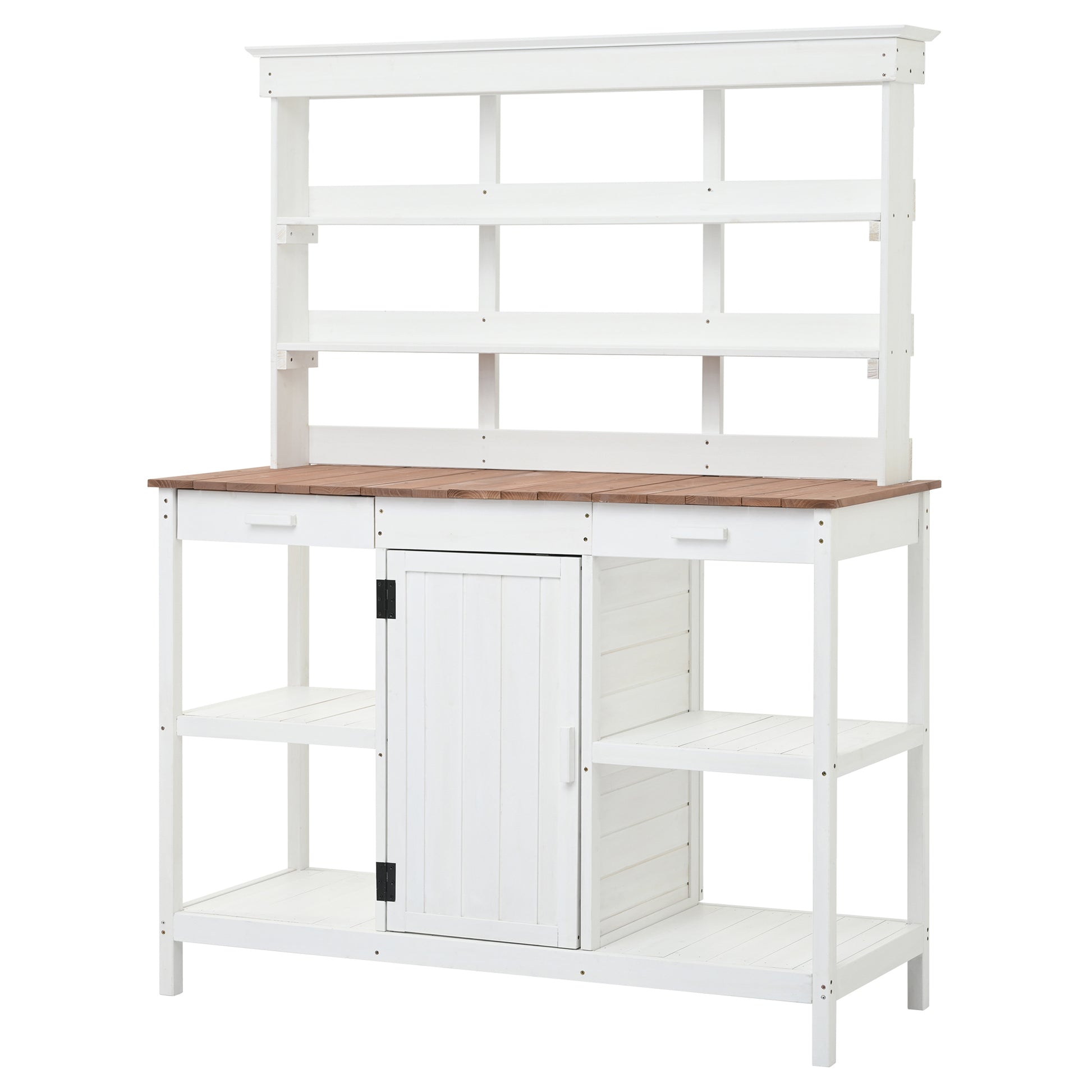 66" Large Outdoor Farmhouse Wooden Potting Bench Table, Garden Workstation With 2 Drawers, Cabinet And Open Shelves For Backyard, Mudroom, White White Garden & Outdoor Casual Wood Solid Wood