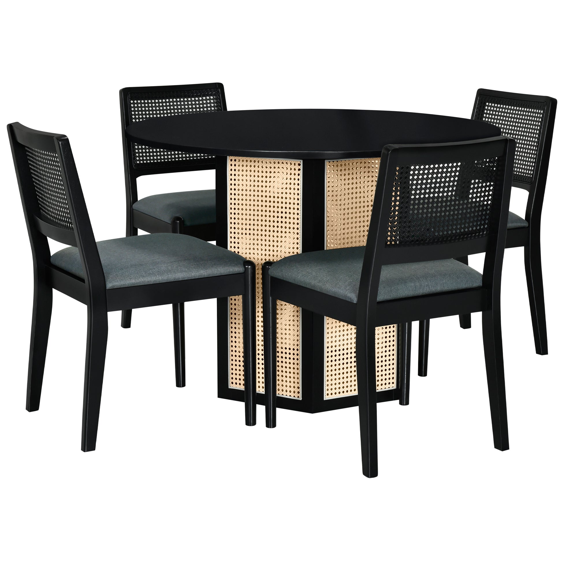 5 Piece Rattan Round Dining Table Set, Wood Table With Hexagonal Base And Upholstered Chairs For Dining Room, Kitchen,Indoor Use, Black Gray Wood Dining Room Solid Wood Rubberwood Round Dining Table With Chair Wood Wood Black Seats 4 Traditional Round