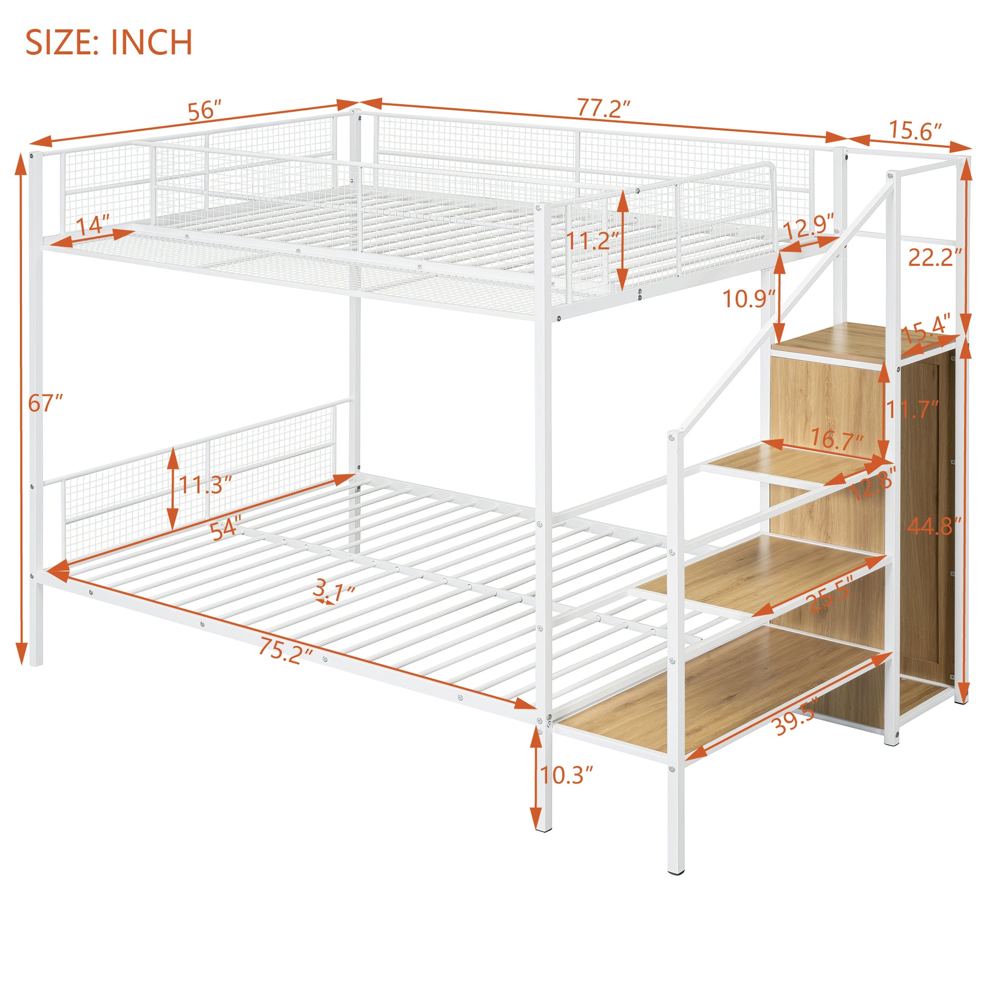 Twin Over Full Metal Bunk Bed With Wire Shelving And Lateral Storage Ladder And Wardrobe, White White Metal
