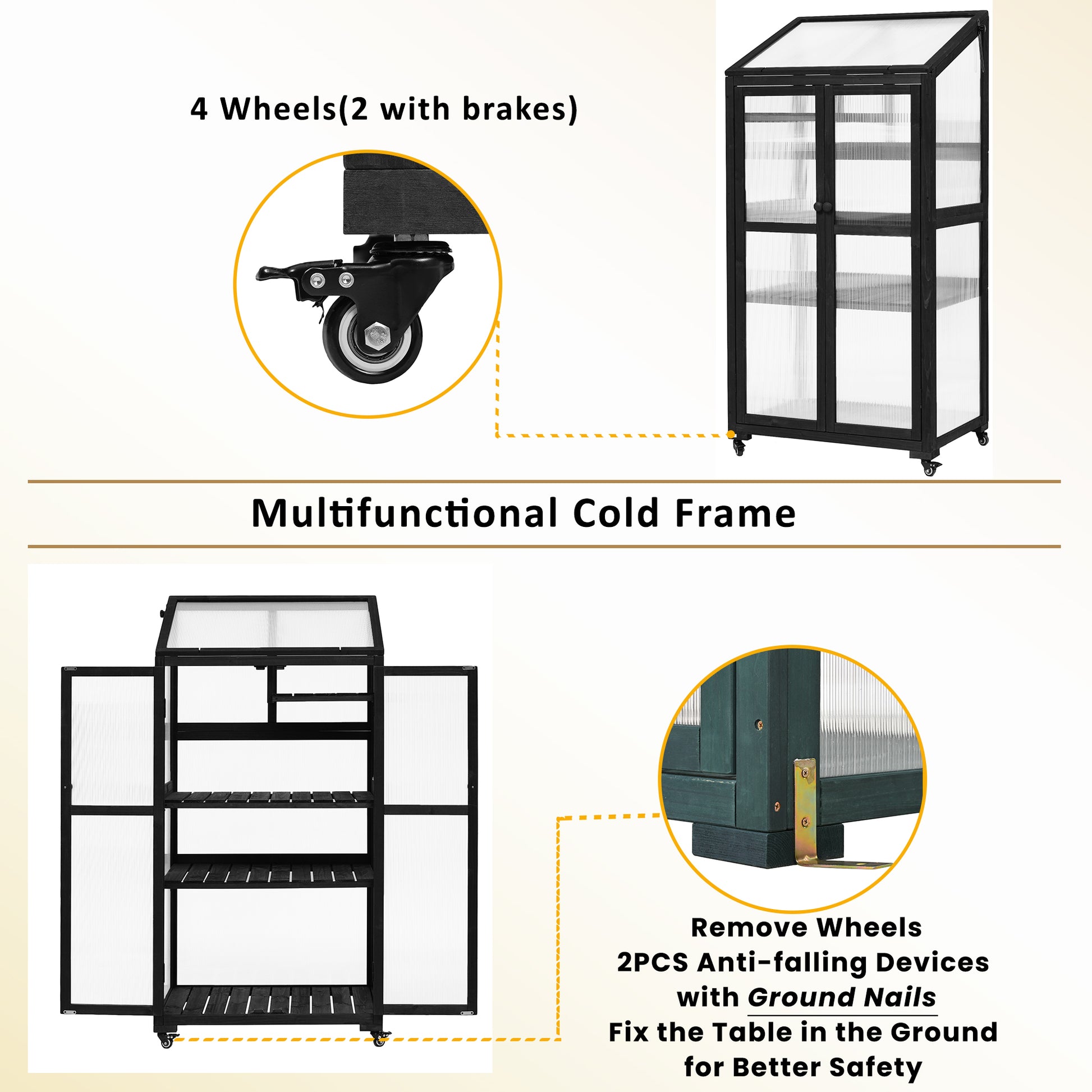 62Inch Height Wood Large Greenhouse Balcony Portable Cold Frame With Wheels And Adjustable Shelves For Outdoor Indoor Use, Black Black Garden & Outdoor Casual Wood Solid Wood