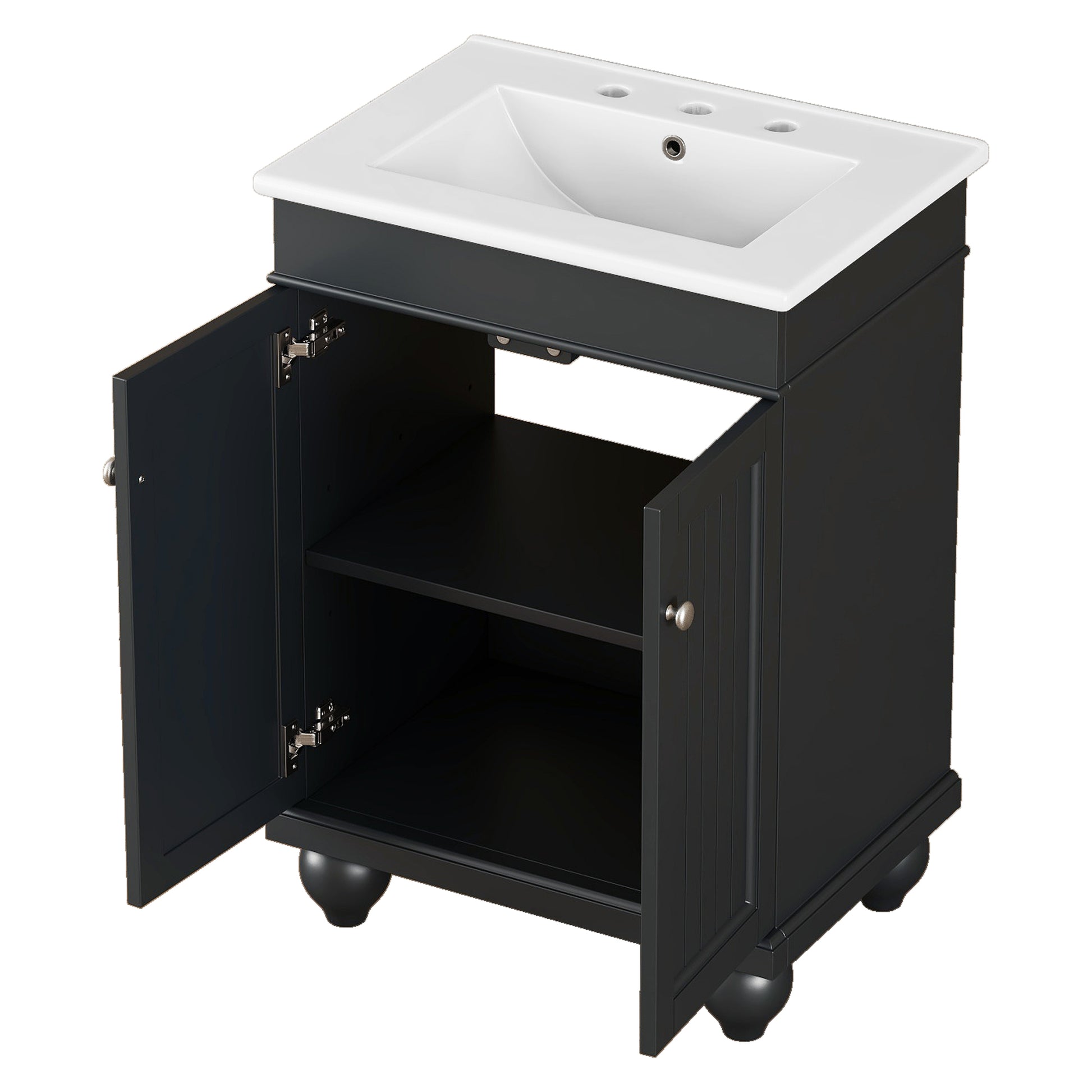 24" Black Modern Sleek Bathroom Vanity Elegant Ceramic Sink With Solid Wood Frame, Adjustable Shelf Black Solid Wood Mdf