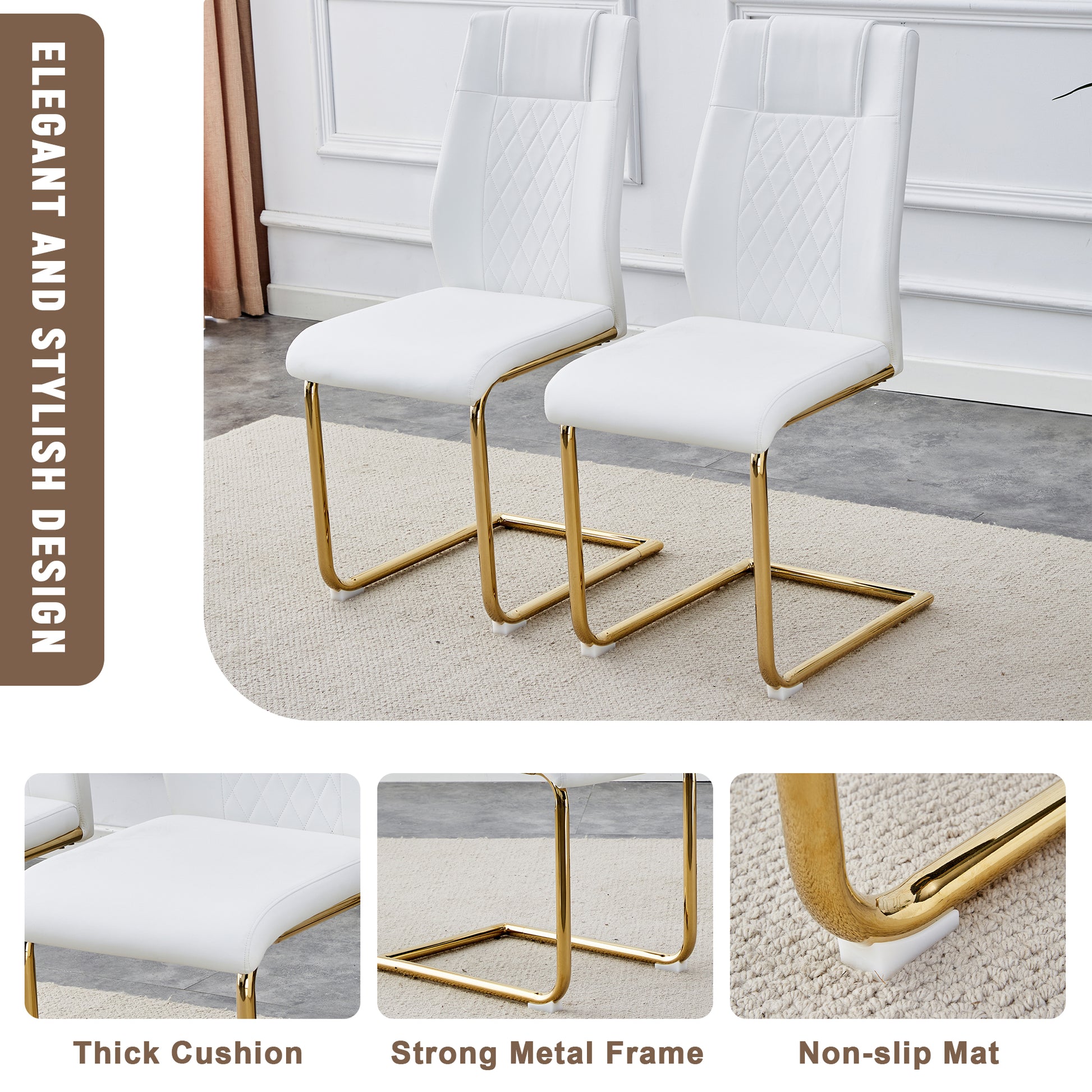 Table And Chair Set.The Table Has A Glass Tabletop With Imitation Marble Pattern Stickers And Stainless Steel Golden Table Legs. Paried With Comfortable Chairs With Pu Seats And Metal Legs. White Gold Seats 6 Glass Metal