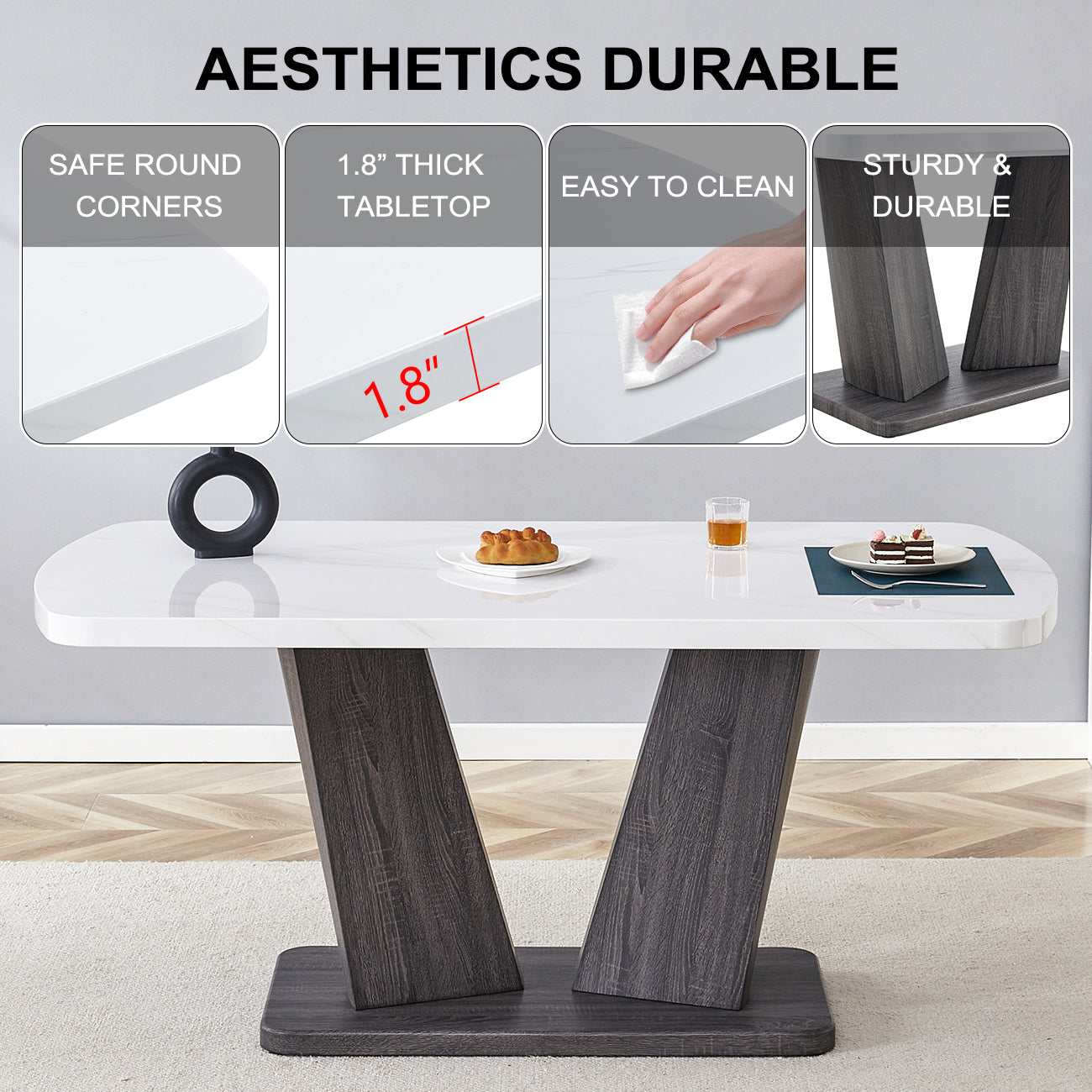 63" Modern Style 6 Piece Dining Table With 4 Chairs & 1 Bench, Table With Marbled Veneers Tabletop And V Shaped Table Legs White Metal Grey White Modern Rectangular Mdf Mdf