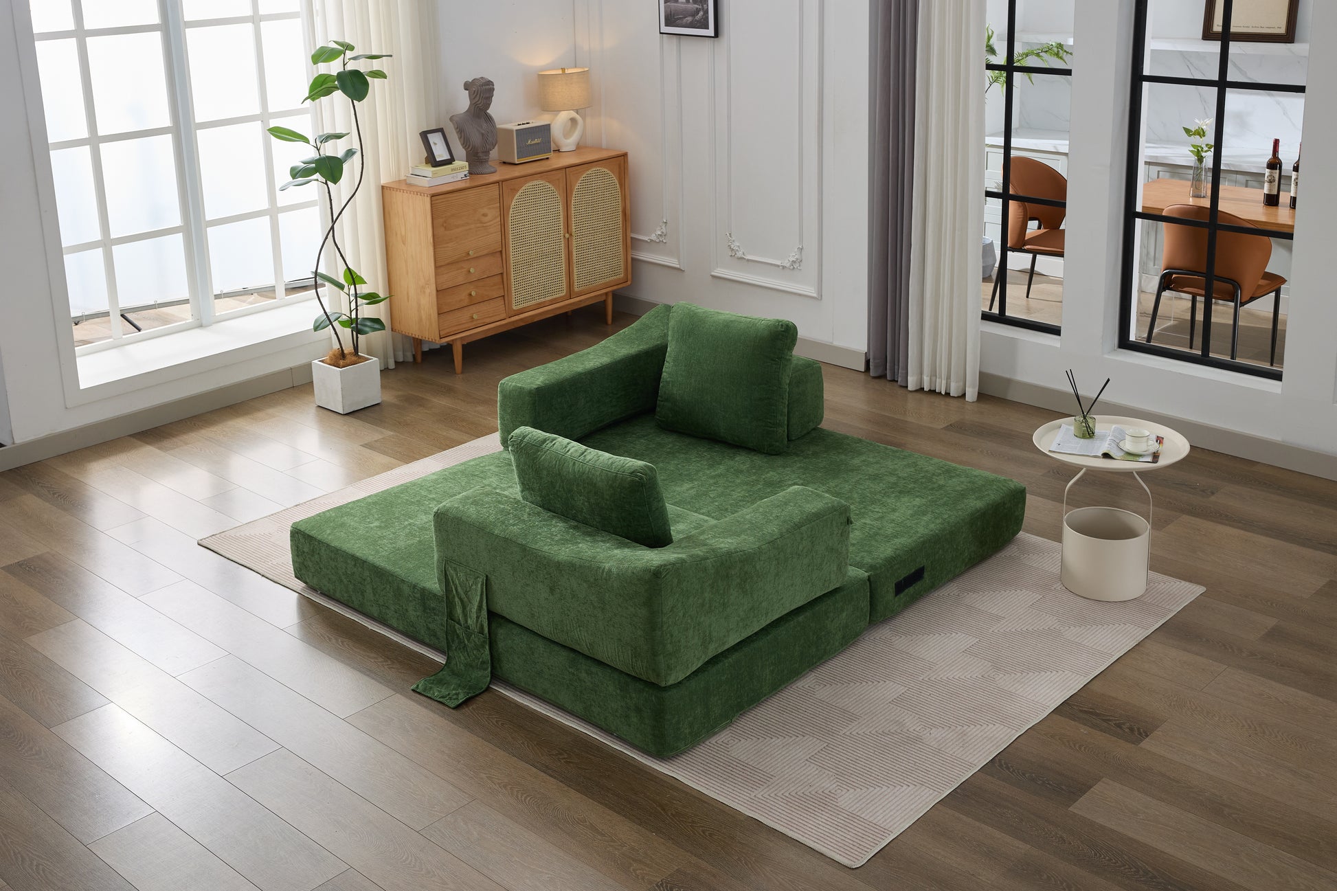 Modern Minimalist Sofa, Fold Out Sofa Bed, Convertible Chair Floor Couch & Sleeping Mattress For Living Room, Bedroom, Apartment, Removable Backrest, Green Green Chenille Soft Vintage Chenille 2 Seat
