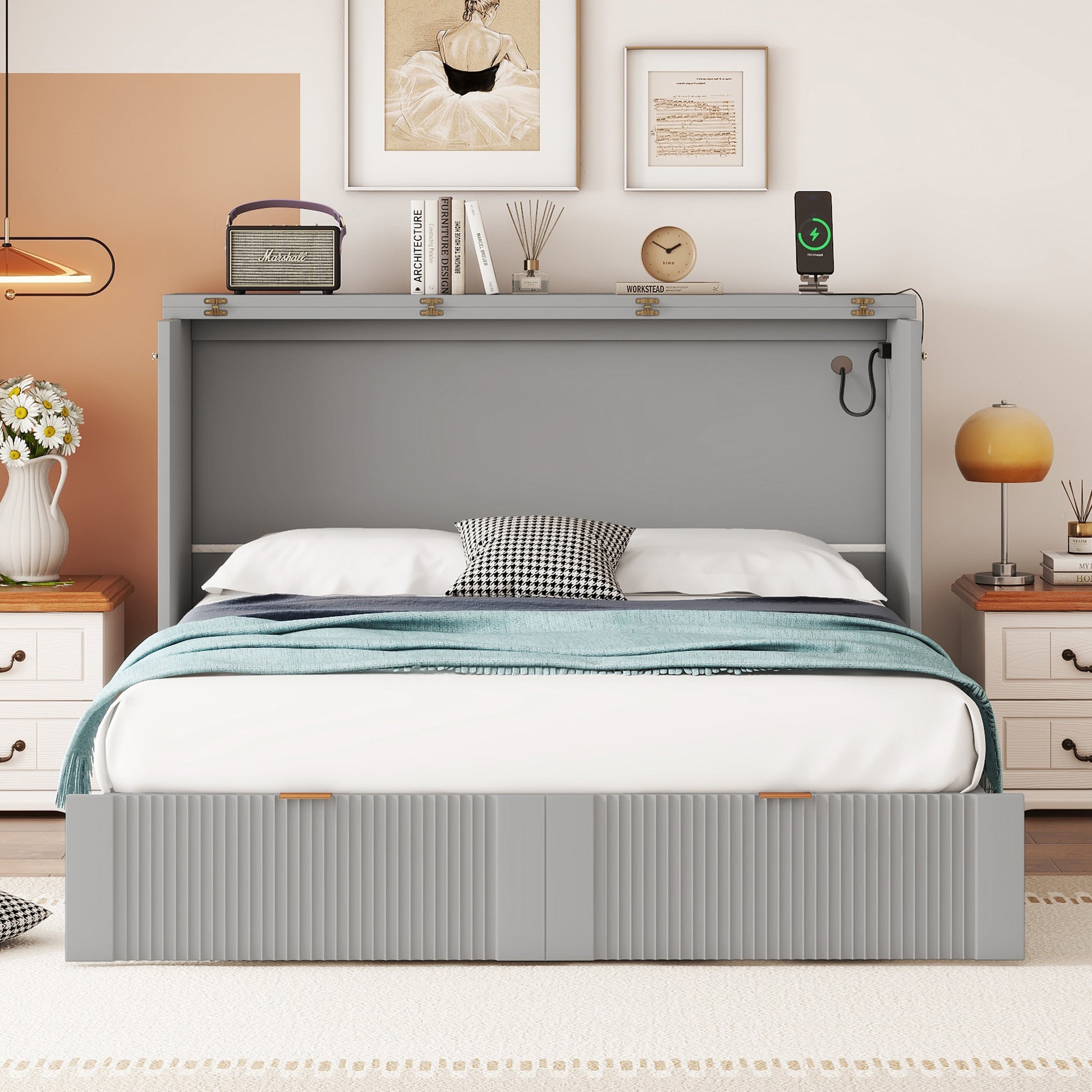 Full Size Murphy Bed With Drawer And A Set Of Sockets & Usb Ports, Pulley Structure Design, Gray Full Gray Plywood