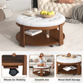 Modern Large Round Ottoman Coffee Table 2 Tier Oversized Button Tufted Ottoman With Wood Shelf Storage Upholstered Coffee Table For Living Room Footrest Ottoman With Wheel, Waterproof Linen Ivory White Rubber Wood