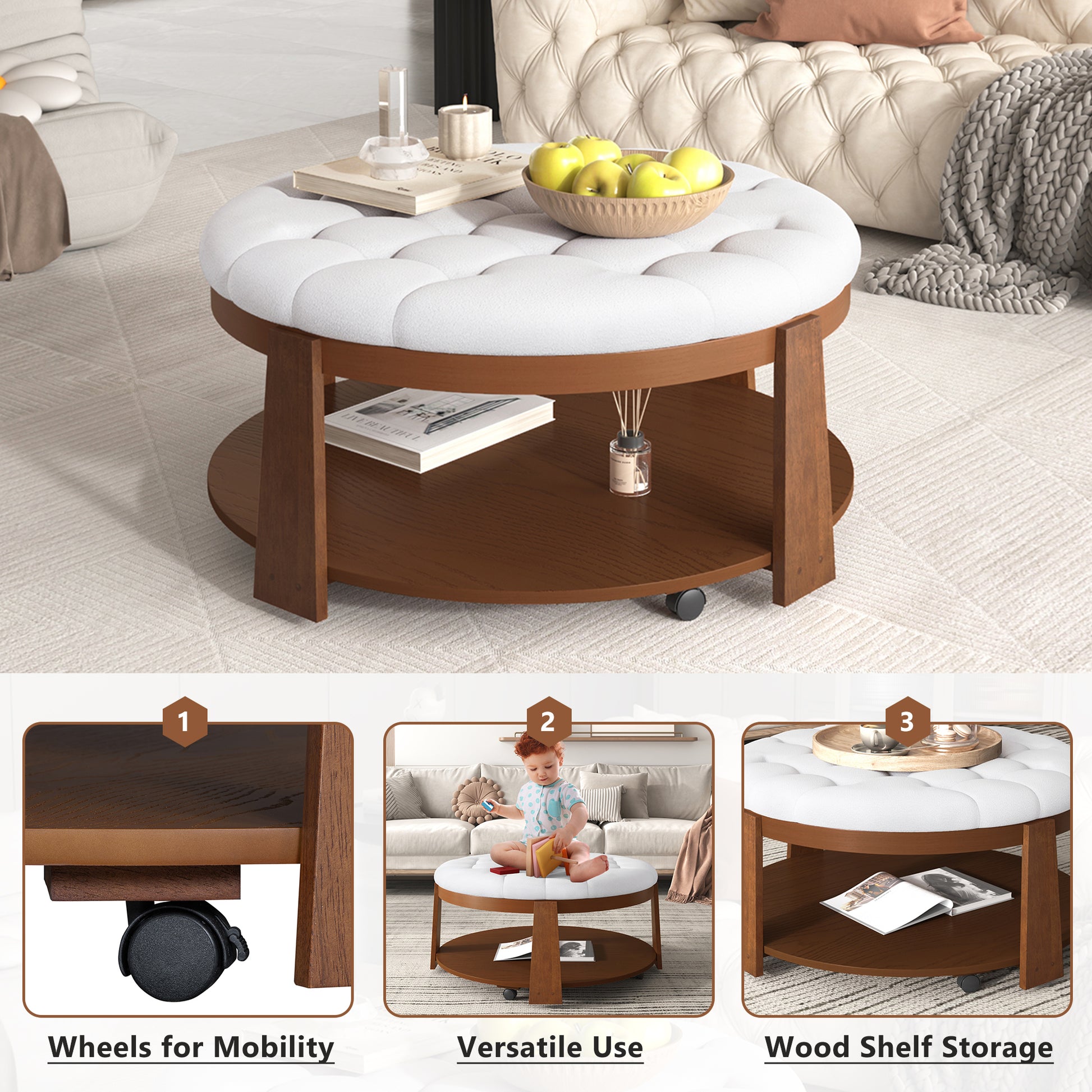 Modern Large Round Ottoman Coffee Table 2 Tier Oversized Button Tufted Ottoman With Wood Shelf Storage Upholstered Coffee Table For Living Room Footrest Ottoman With Wheel, Waterproof Linen Ivory White Rubber Wood