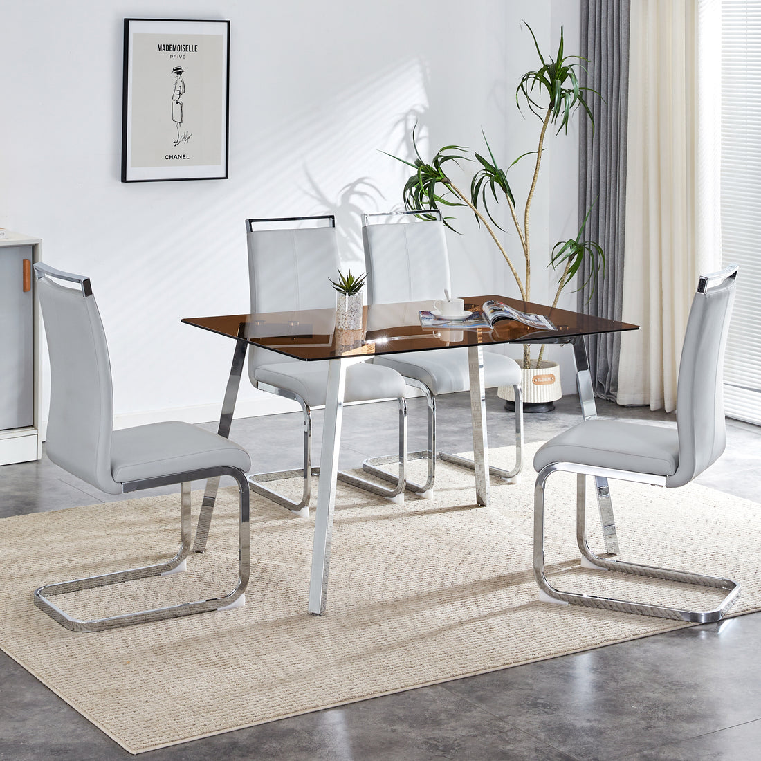 1 Table And 4 Chairs, Brown Tempered Glass Tabletop And Silver Metal Legs, Modern Minimalist Style Rectangular Glass Dining Table, Paired With 4 Modern Silver Metal Leg Chairs. 1123C 1162 Brown Seats 4 Glass