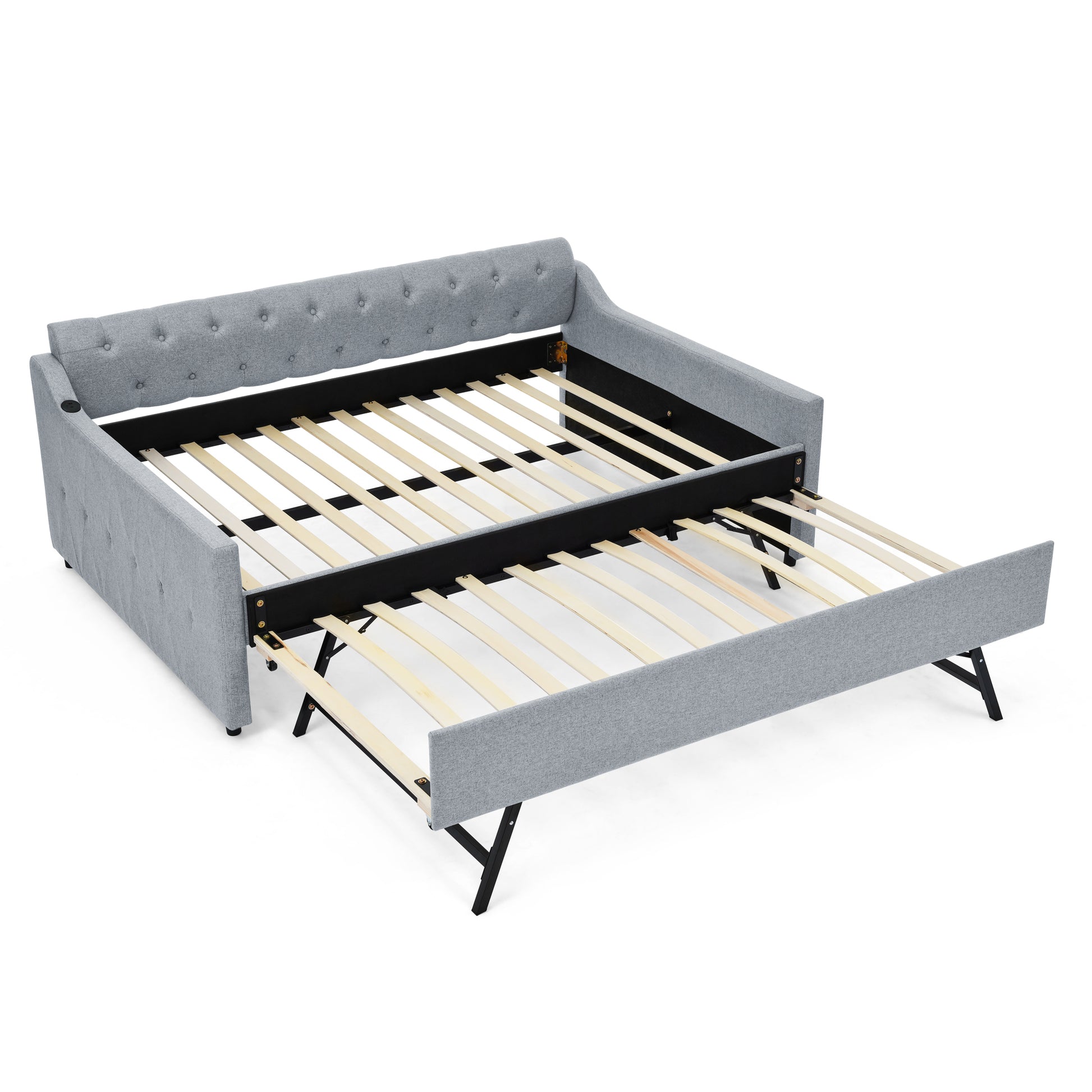Full Size Upholstery Daybed With Twin Size Erectable Trundle And Usb Charging Design, Linen Grey Box Spring Not Required Full Grey Linen Linen