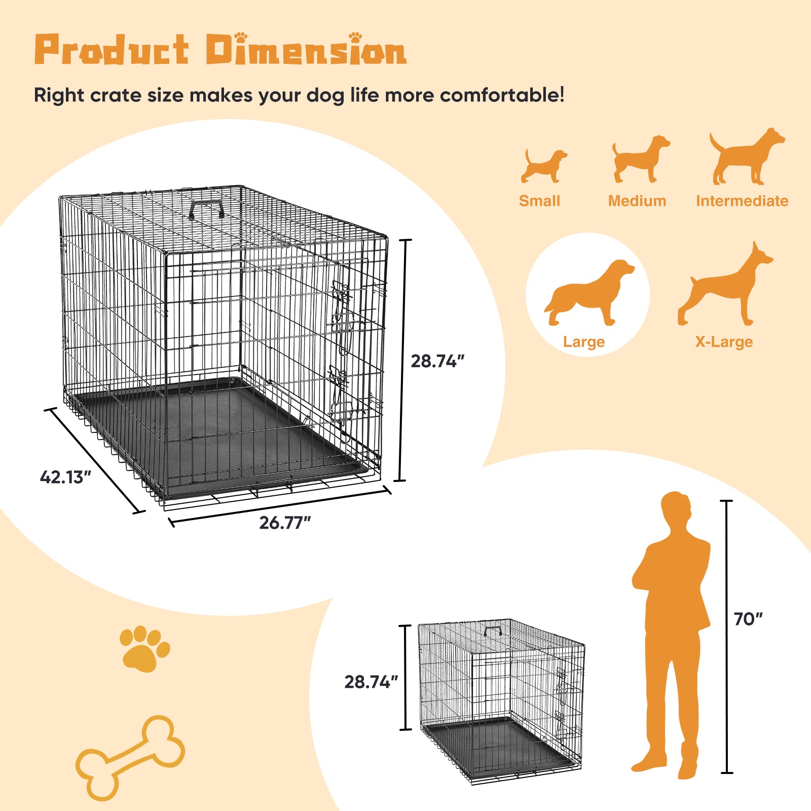 Dog Crate With Divider Panel,42 Inch Double Door Folding Metal Wire Dog Cage With Plastic Leak Proof Pan Tray, Pet Kennel For Indoor Black Iron