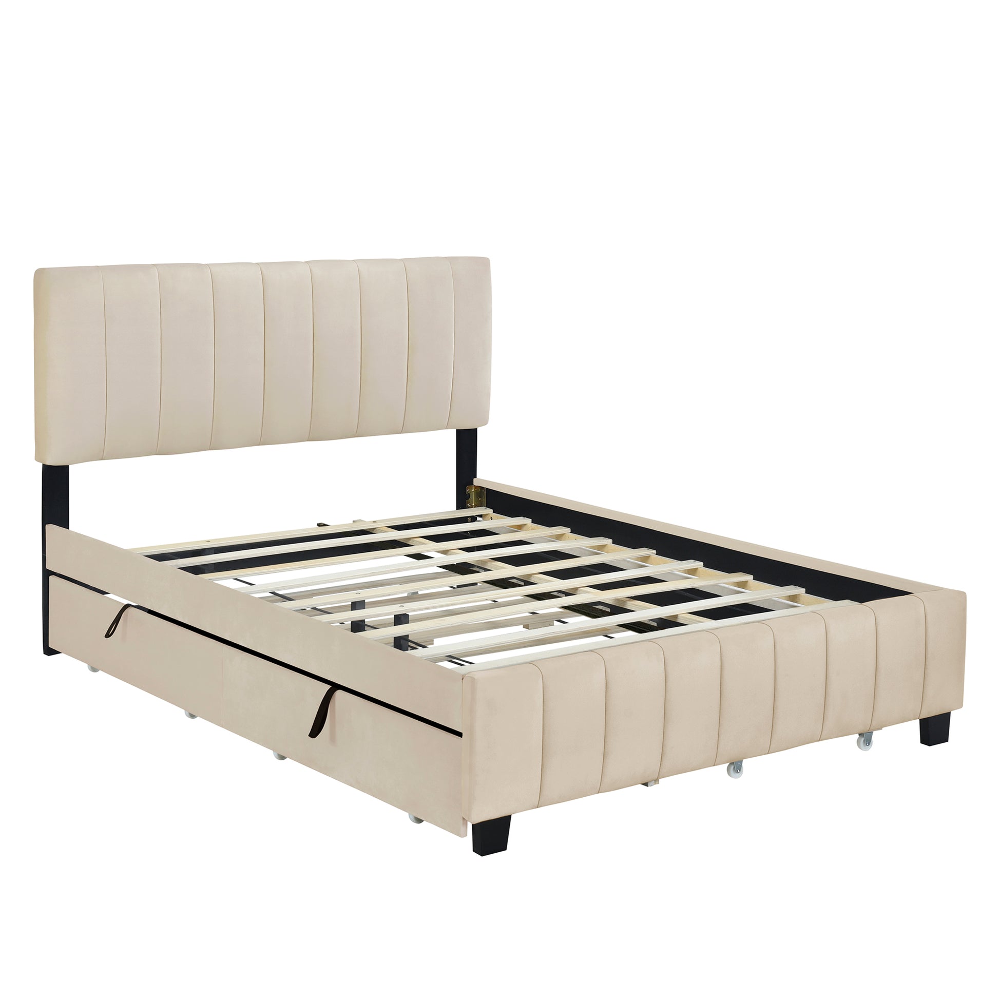 Queen Size Velvet Upholstered Platform Bed With 2 Drawers And 1 Twin Xl Trundle Beige Queen Beige Upholstered