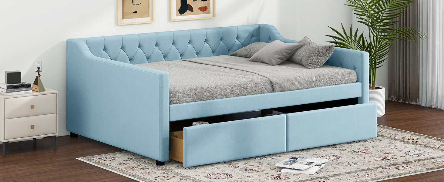 Full Size Upholstered Tufted Daybed With 2 Drawers, Blue Box Spring Not Required Full Blue Wood Daybeds Velvet Upholstered