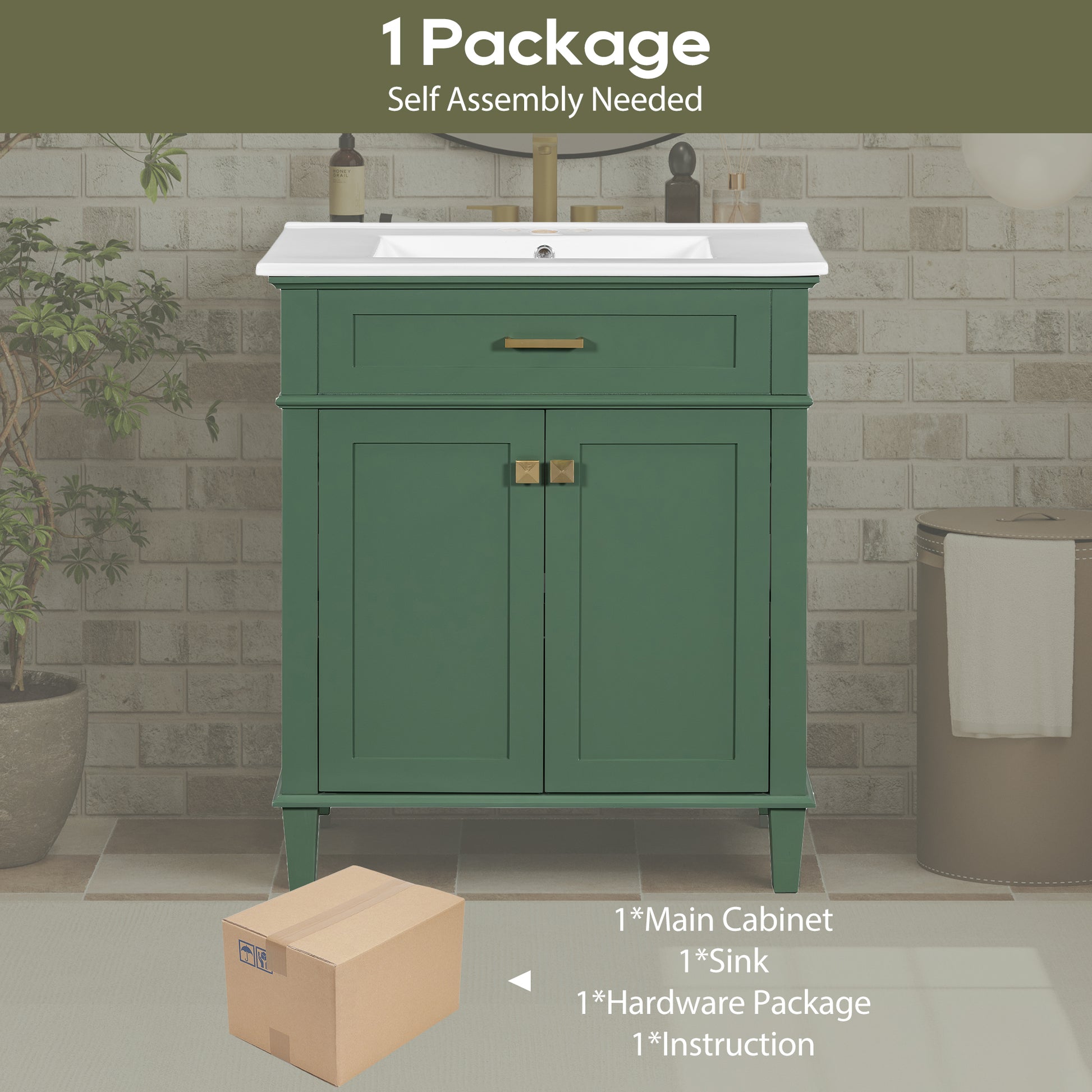 30 Inch Bathroom Vanity With Ceramic Basin, Soft Close Door And Adjustable Shelves Green Bathroom Solid Wood Mdf