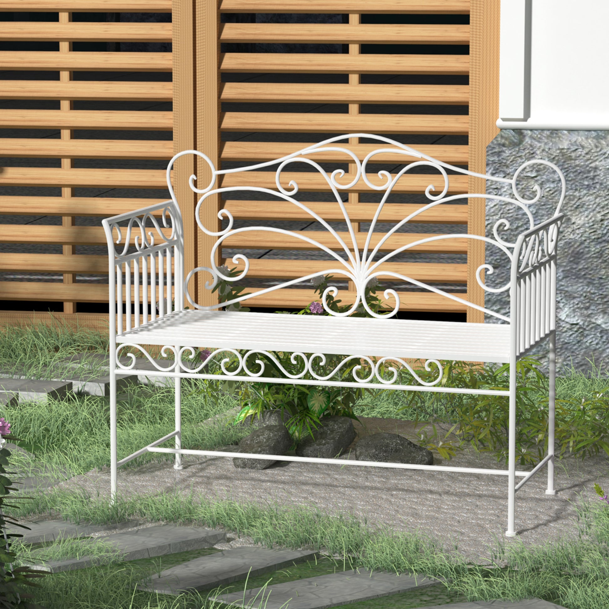 Outsunny 43" Garden Bench, Outdoor Patio Bench With Armrests, Metal Porch Bench For Backyard, Poolside, Lawn, Cream White White Iron