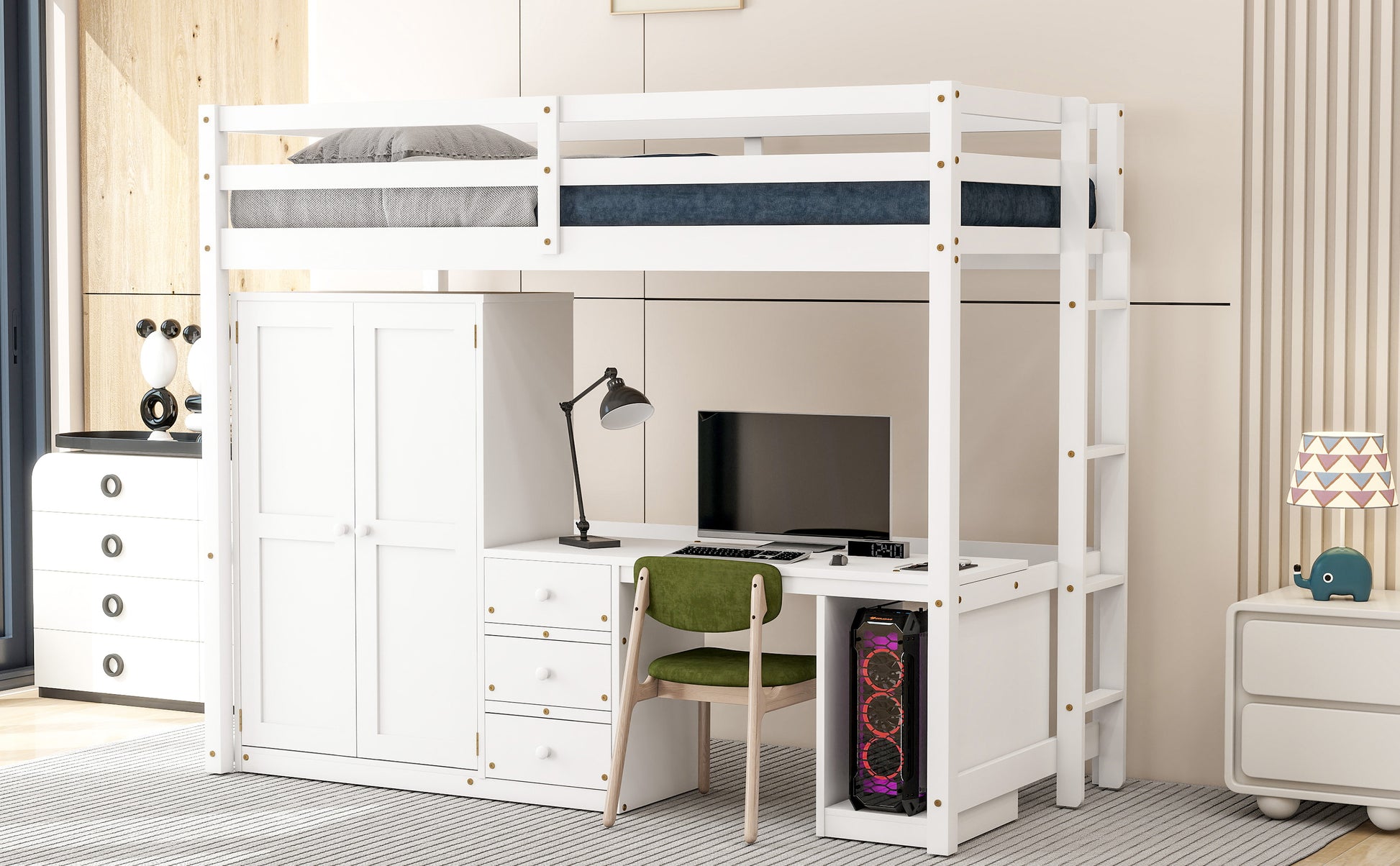 Twin Size Loft Bed With Wardrobe, Desk And Storage Drawers, White Twin White Pine