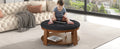 Modern Large Round Ottoman Coffee Table 2 Tier Oversized Button Tufted Ottoman With Wood Shelf Storage Upholstered Coffee Table For Living Room Footrest Ottoman With Wheel, Waterproof Linen Black Brown Rubber Wood