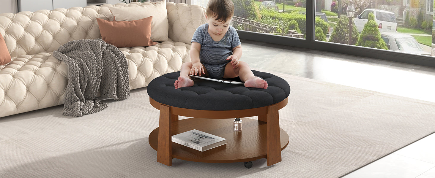 Modern Large Round Ottoman Coffee Table 2 Tier Oversized Button Tufted Ottoman With Wood Shelf Storage Upholstered Coffee Table For Living Room Footrest Ottoman With Wheel, Waterproof Linen Black Brown Rubber Wood