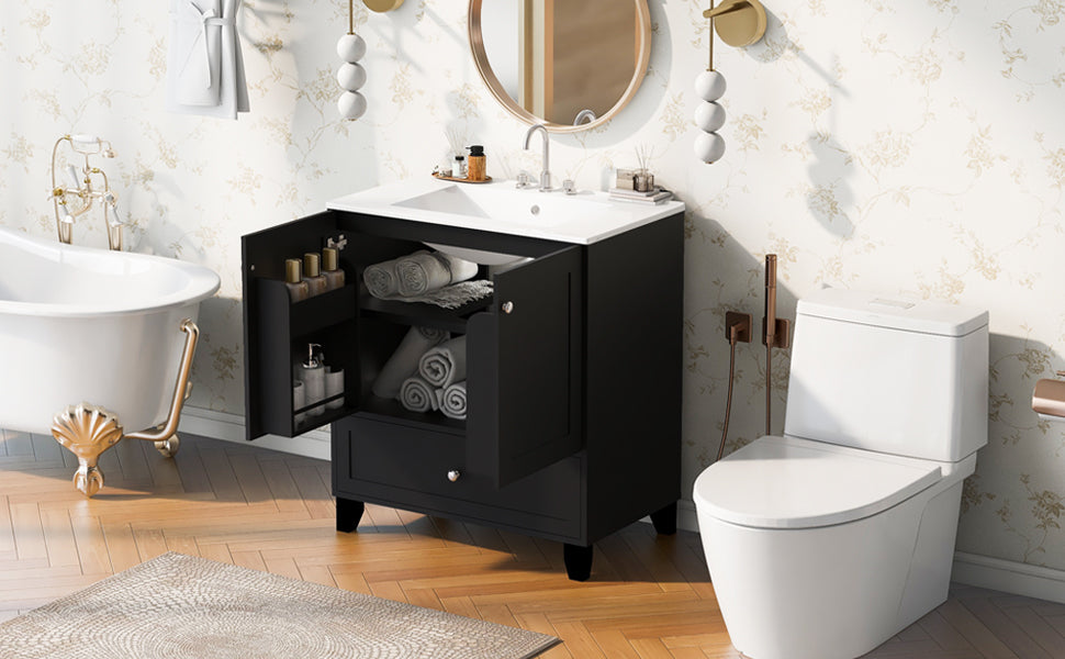 30" Black Bathroom Vanity Set With Ceramic Sink And Large Storage Space Ideal For Small Bathrooms Black Bathroom Solid Wood Mdf