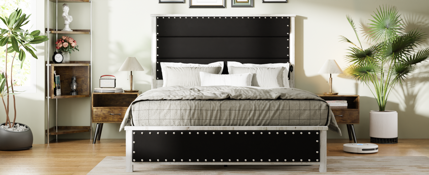 King Size Bed Frame With Upholstered Headboard, King Bed Frame With Charging Station And Led Lights, Wood Slats, Dark Gray Faux Leather & Rivets, No Box Spring Needed, Easy Assembly Box Spring Not Required King Antique White Gray Wood Bedroom Bed Frame