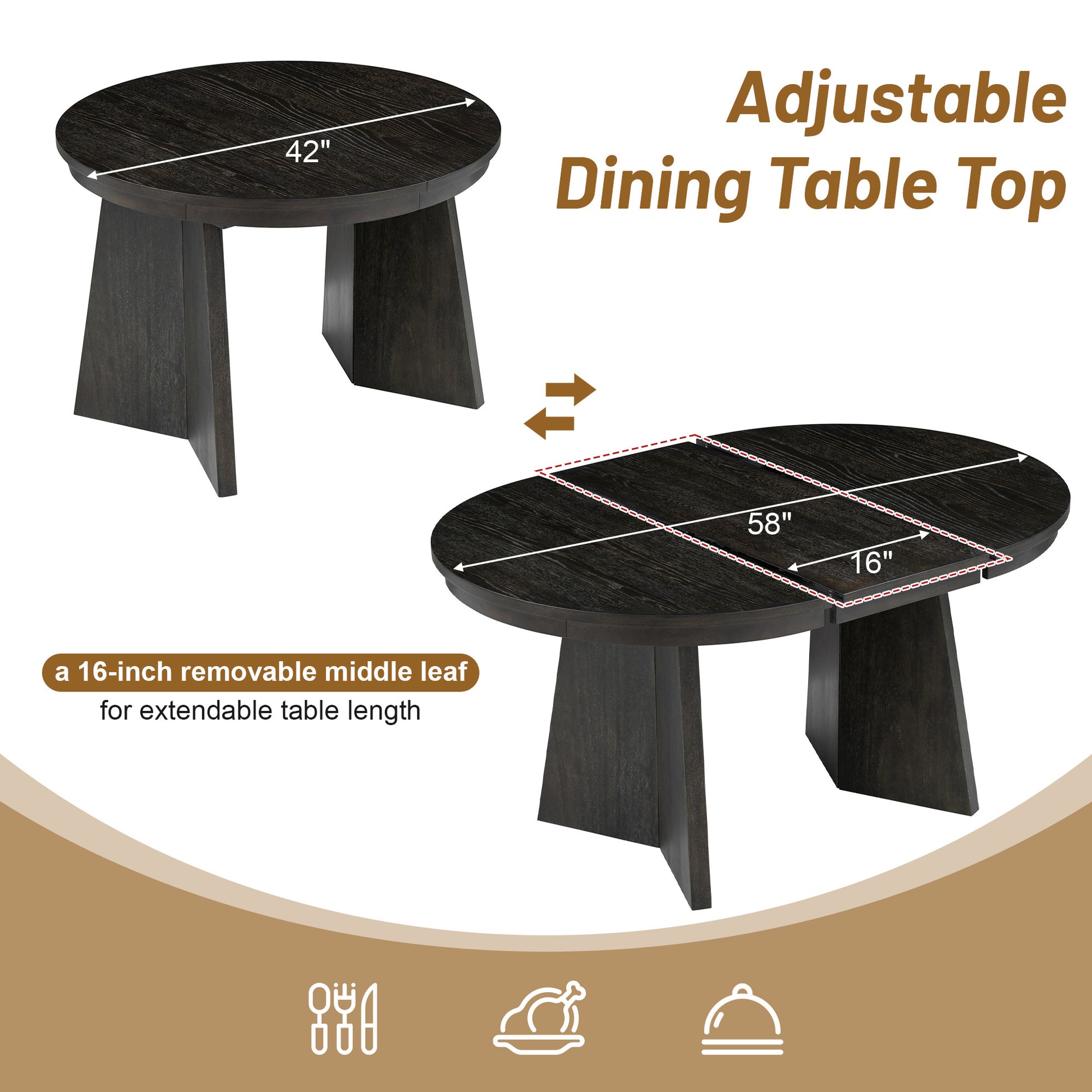 Retro Extendable Dining Table With A 16 Inch Middle Leaf For Dining Room And Kitchen Espresso Espresso Solid Wood Mdf