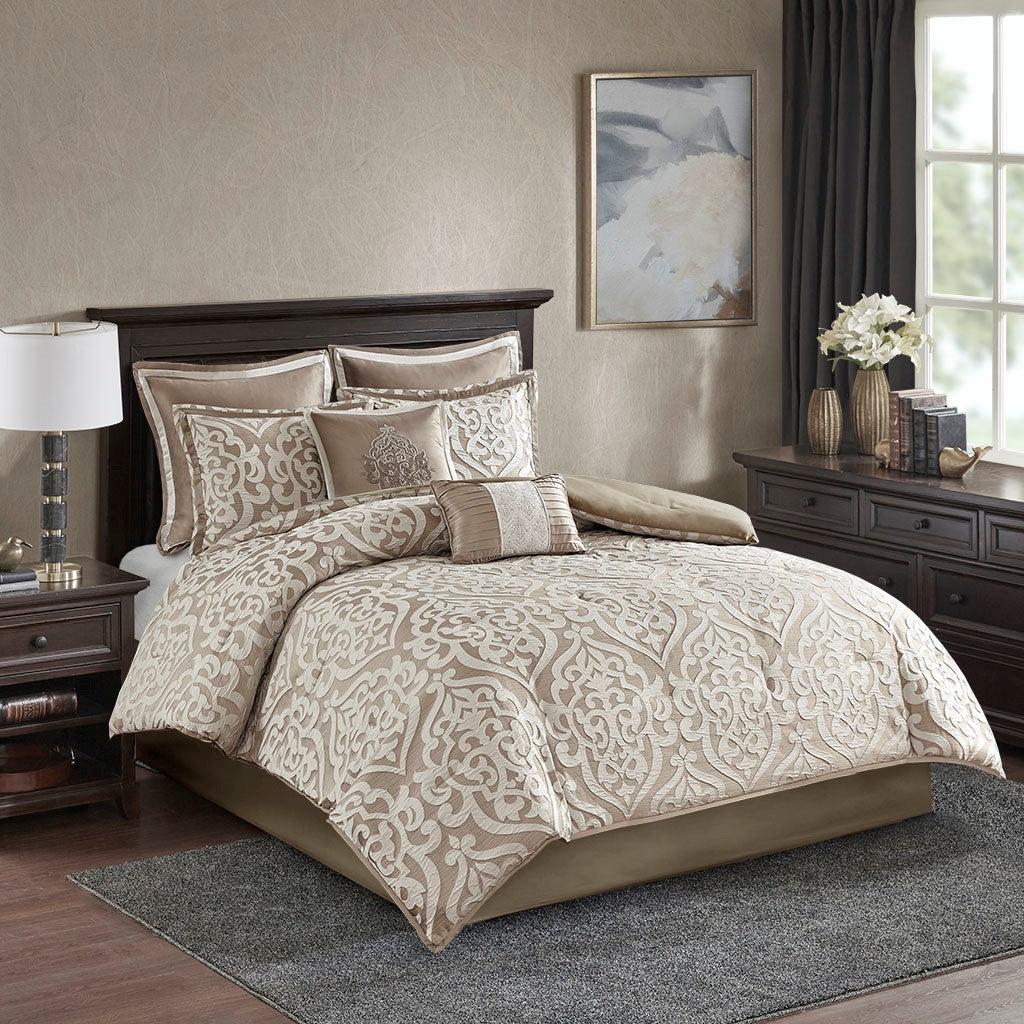 8 Piece Jacquard Comforter Set Tan Ivory Cal King California King Tan Ivory Polyester