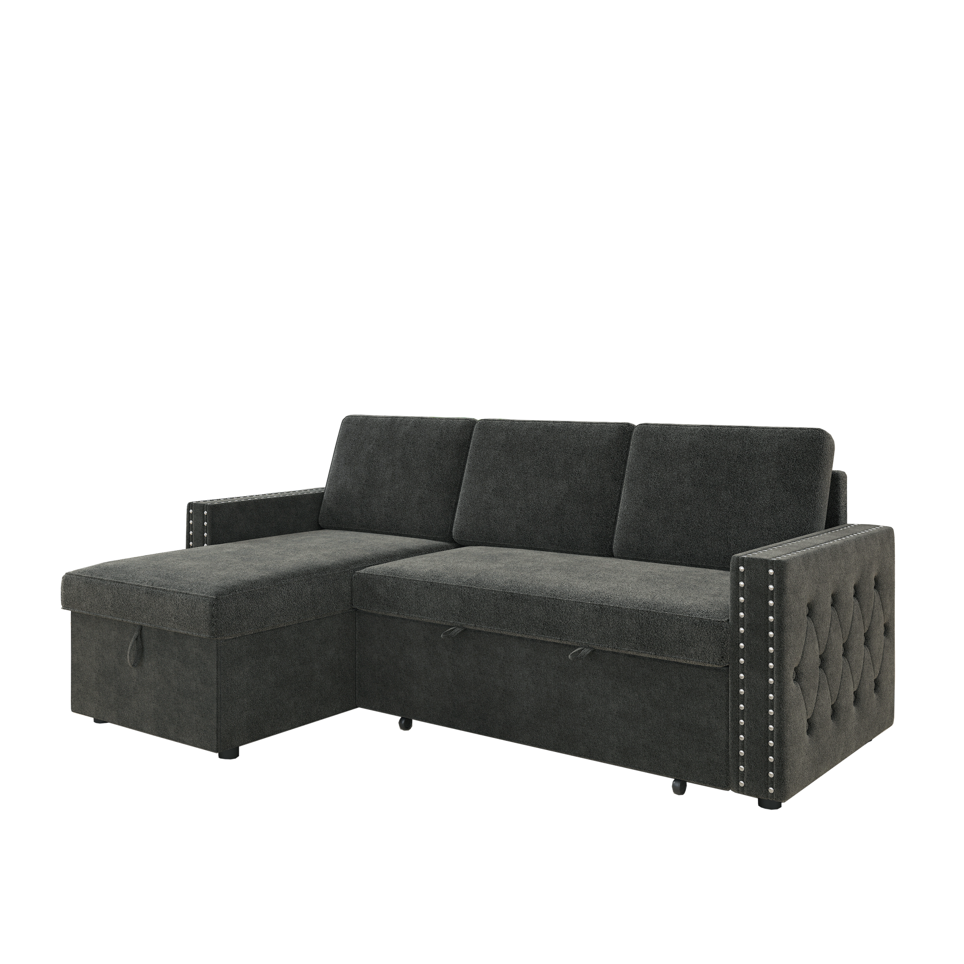 85 Inches Sofa Bed, 3 Seater Sleeper Sofa With Storage Chaise, Square Handrail With Pull And Copper Nail,Chenille Dark Grey, Pull Out Couch For Living Room Dark Grey Chenille 3 Seat