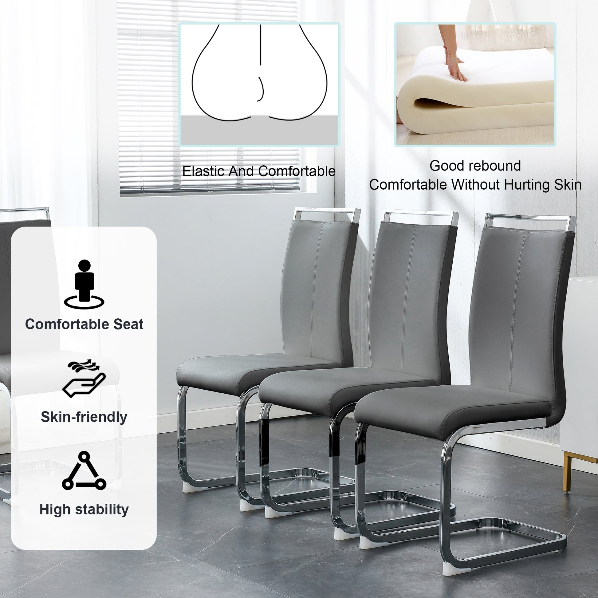 Table And Chair Set. Large Modern Rectangular Table With Glass Top And Silver Metal Legs. Furnished With Soft And Comfortable Pu Chairs With Faux Leather Upholstered Seats And Silver Metal Legs. Gray Silver Seats 6 Glass Metal