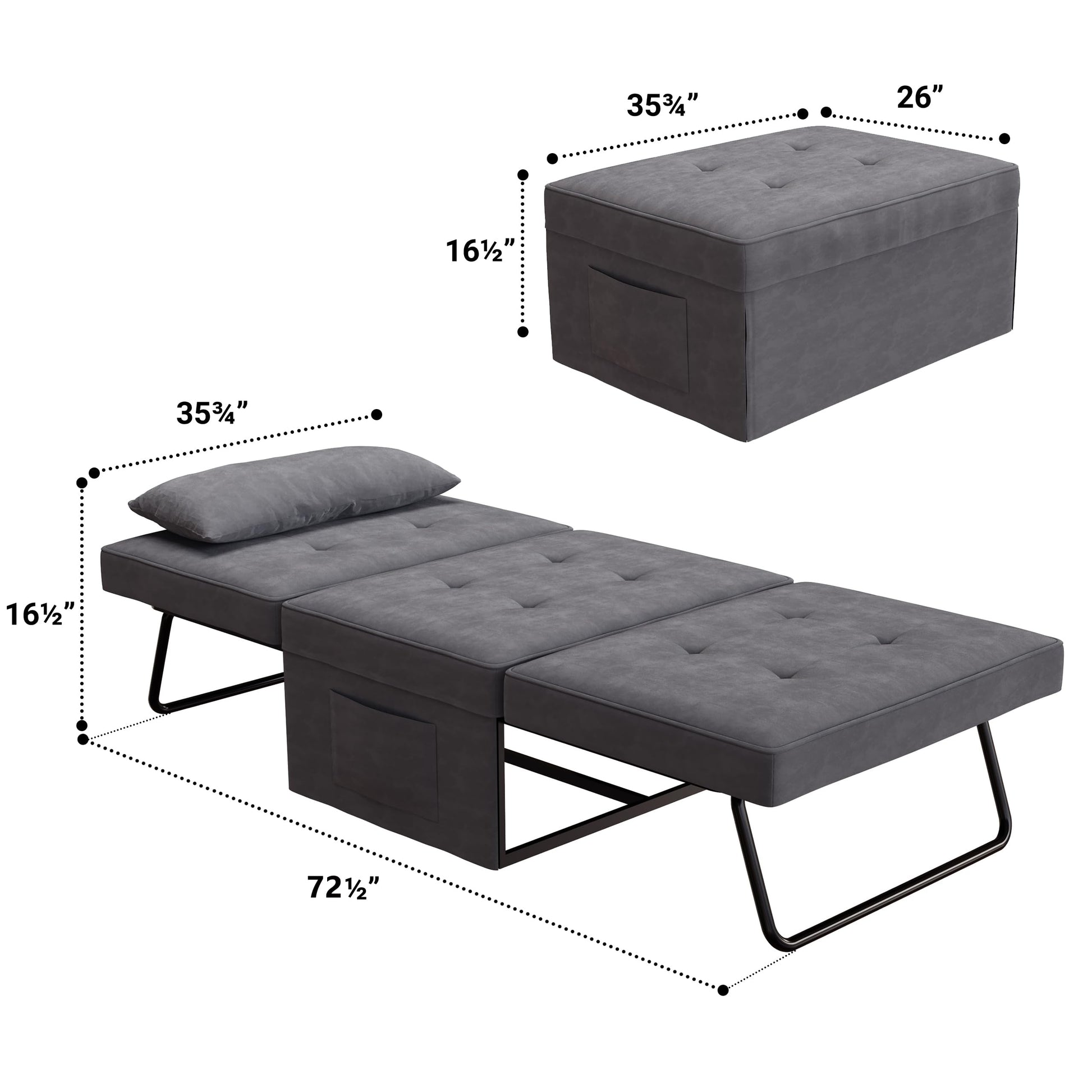 Sofa Bed,Chair Bed,Sleeper Couch,4 In 1 Multi Function Folding Ottoman Bed With Slide Storagepocket For Living Room,Bedroom,Hallway Dark Gray Espresso Bedroom Mid Century Modern Oak Upholstered Fabric