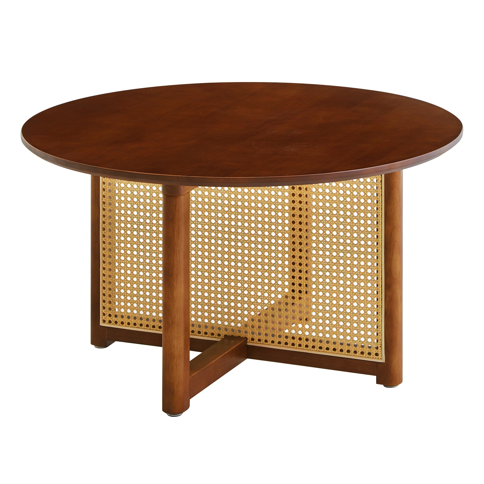 Mid Century Wooden Coffee Table With Pe Cane Stand, 31.5 Inch Round Solid Wood Bohemian Style Coffee Table, Unique Central Cocktail Table For Living Rooms, Apartments And Offices Walnut Rubber Wood