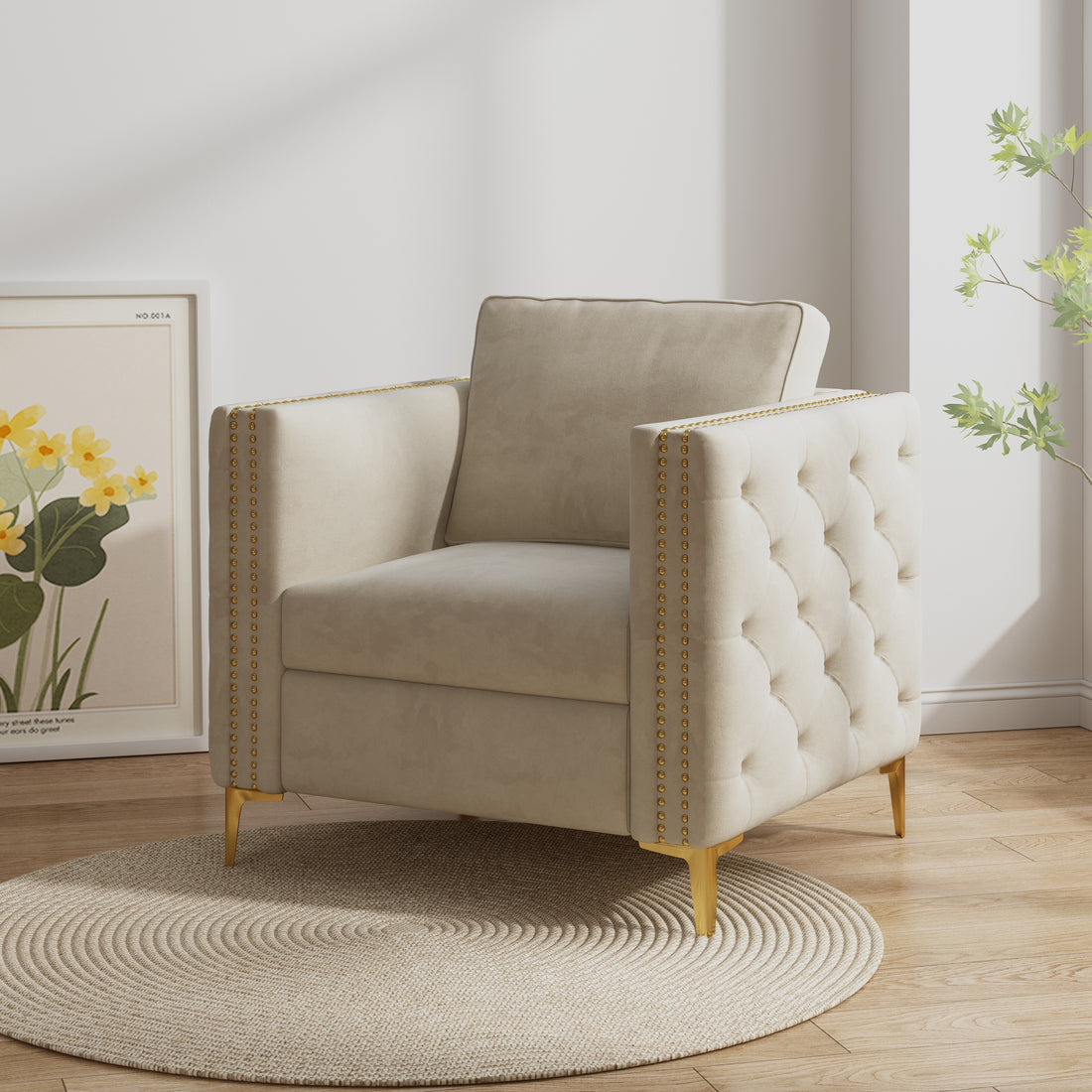 Accent Chair For Living Room Upholstered Arm Chair With Metal Legs Beige Velvet Beige Foam Fabric